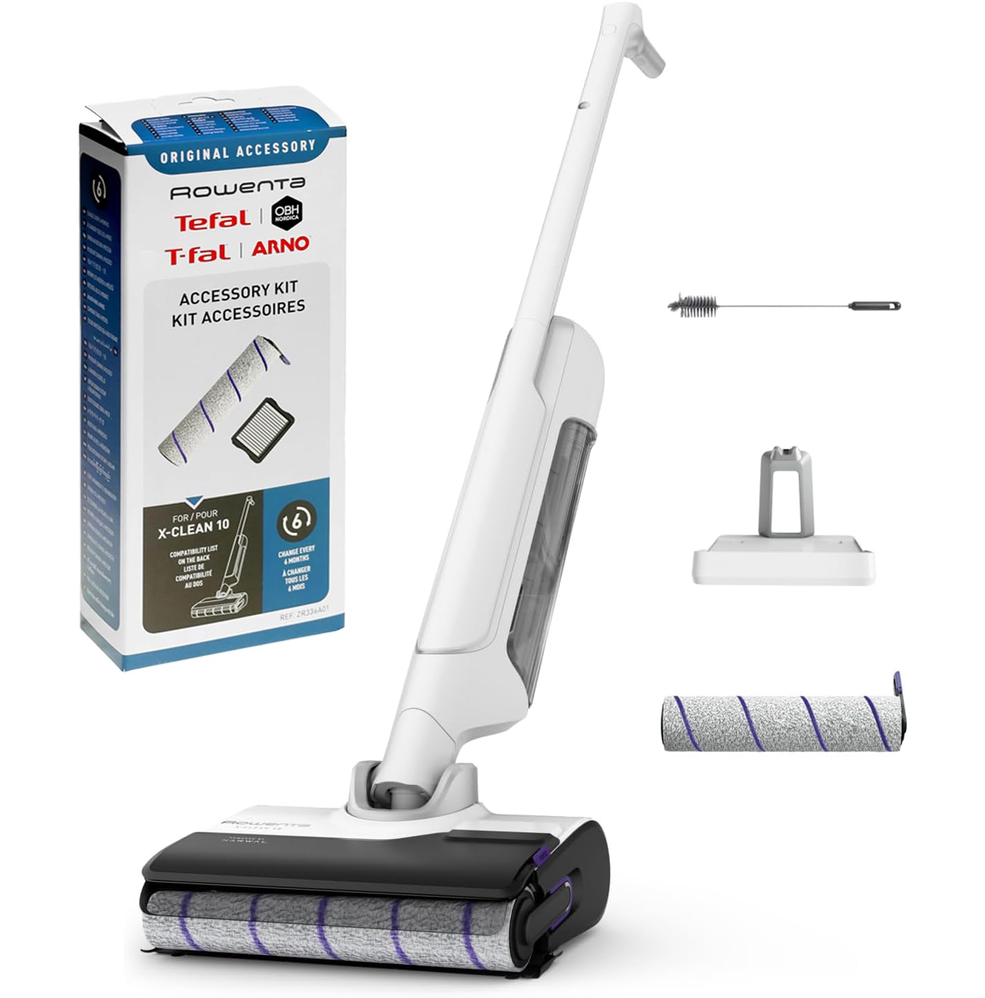 جاروبرقی بی‌سیم و مرطوب Rowenta X-Clean 10 GZ7540WO + مجموعه لوازم جانبی (غلتک و فیلتر)، تمیزکننده و خشک‌کننده خودکار، 60 دقیقه کارکرد، سفید