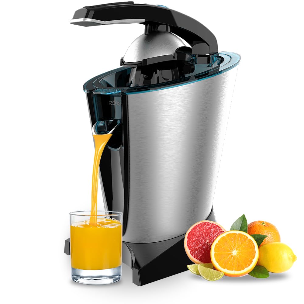 بازوی برقی Cecotec Citrus Press EssentialVita Hyden 600 Steel. 600 وات، غربال فولادی ضد زنگ، 2 مخروط قابل جابجایی، اهرم فشار، سیستم حفاظت از قطره، قابل شستشو در ماشین ظرفشویی