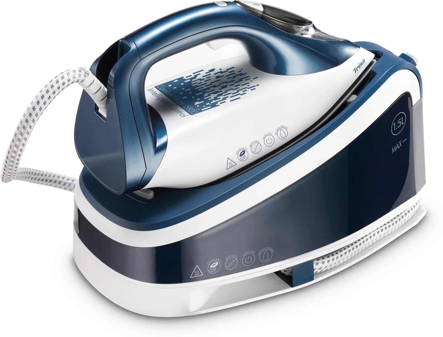 اتو بخار مخزن دار تریزا سوئیس مدل Comfort Steam i5820 - اتو بخار با خروجی بخار 140 گرم در دقیقه، کفی سرامیکی حرفه‌ای، عملکرد اقتصادی، قفل ایمن و نمایشگر هوشمند