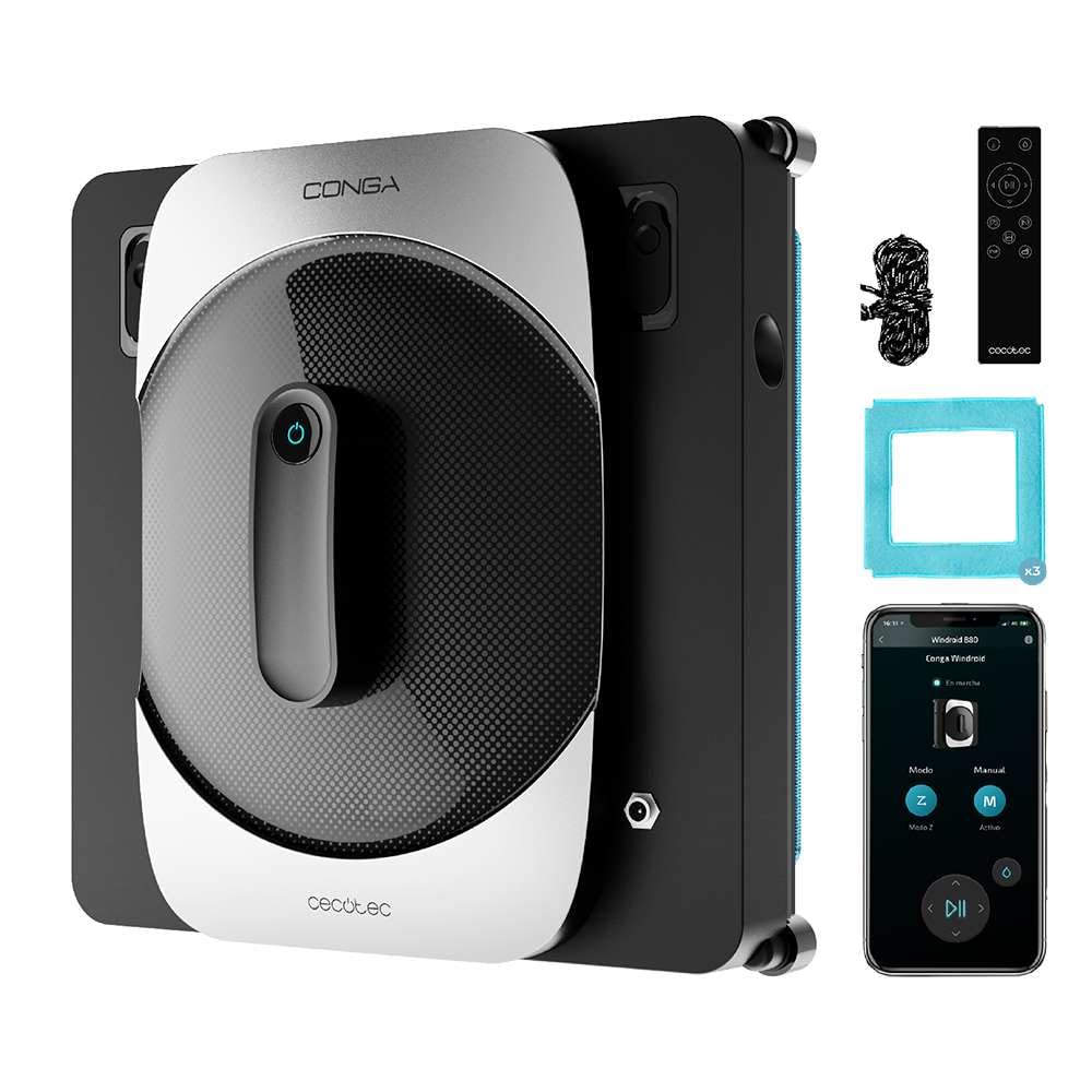 ربات تمیزکننده پنجره Cecotec با برنامه و کنترل از راه دور Conga Windroid 1290 DoubleSpray Connected T. 72W، طراحی مربع برای رسیدن به تمام گوشه ها، عملکرد دوبل اسپری، 3 حالت.