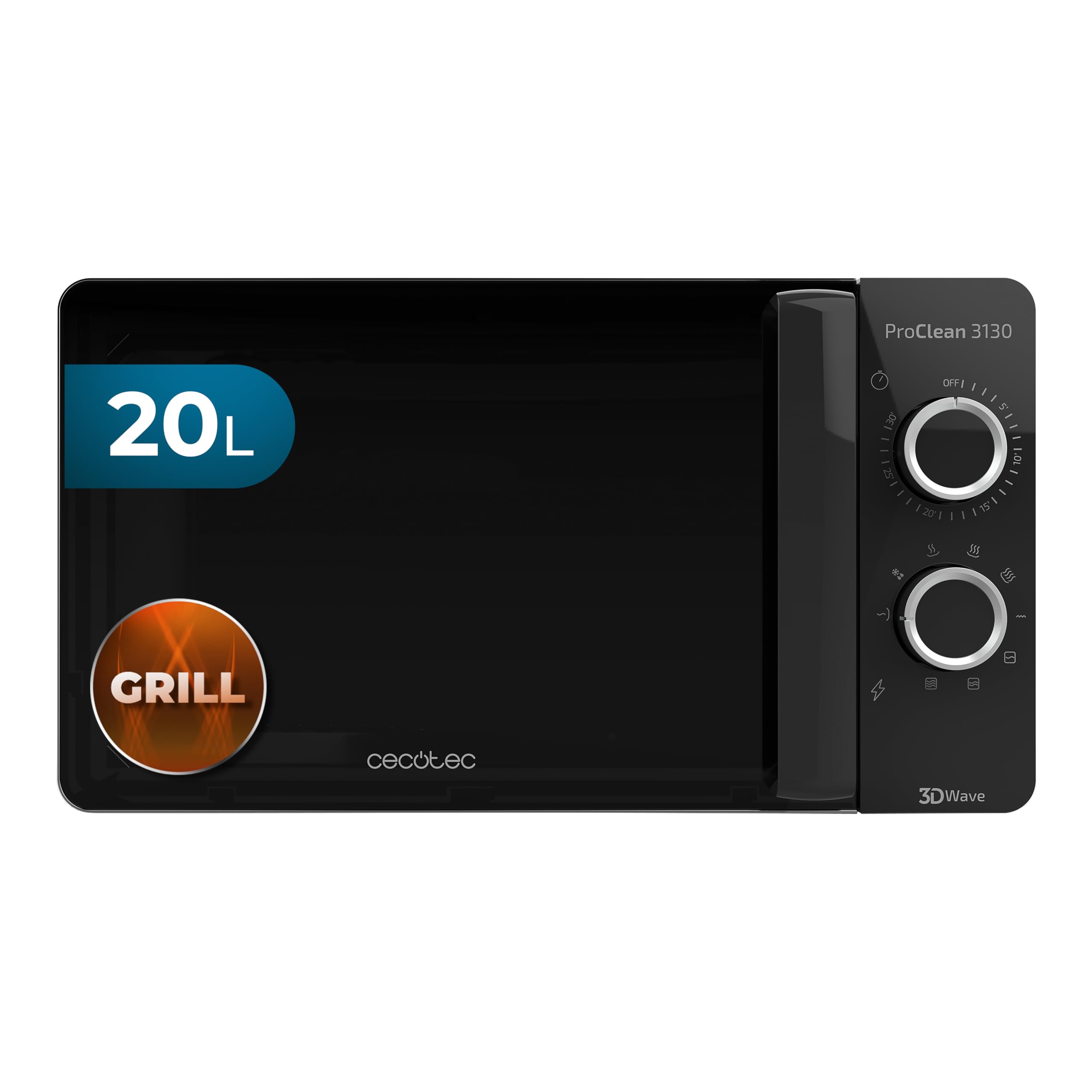 Cecotec Pro Clean 3130 مایکروویو 700 وات کوارتز گریل 800 وات فضای پخت 20 لیتر آینه جلو تمام مشکی درب داخلی نور 3 بعدی موج آماده 2 تایمر پخت 30 دقیقه تایمر 6 سطح 2 صفحه مشکی