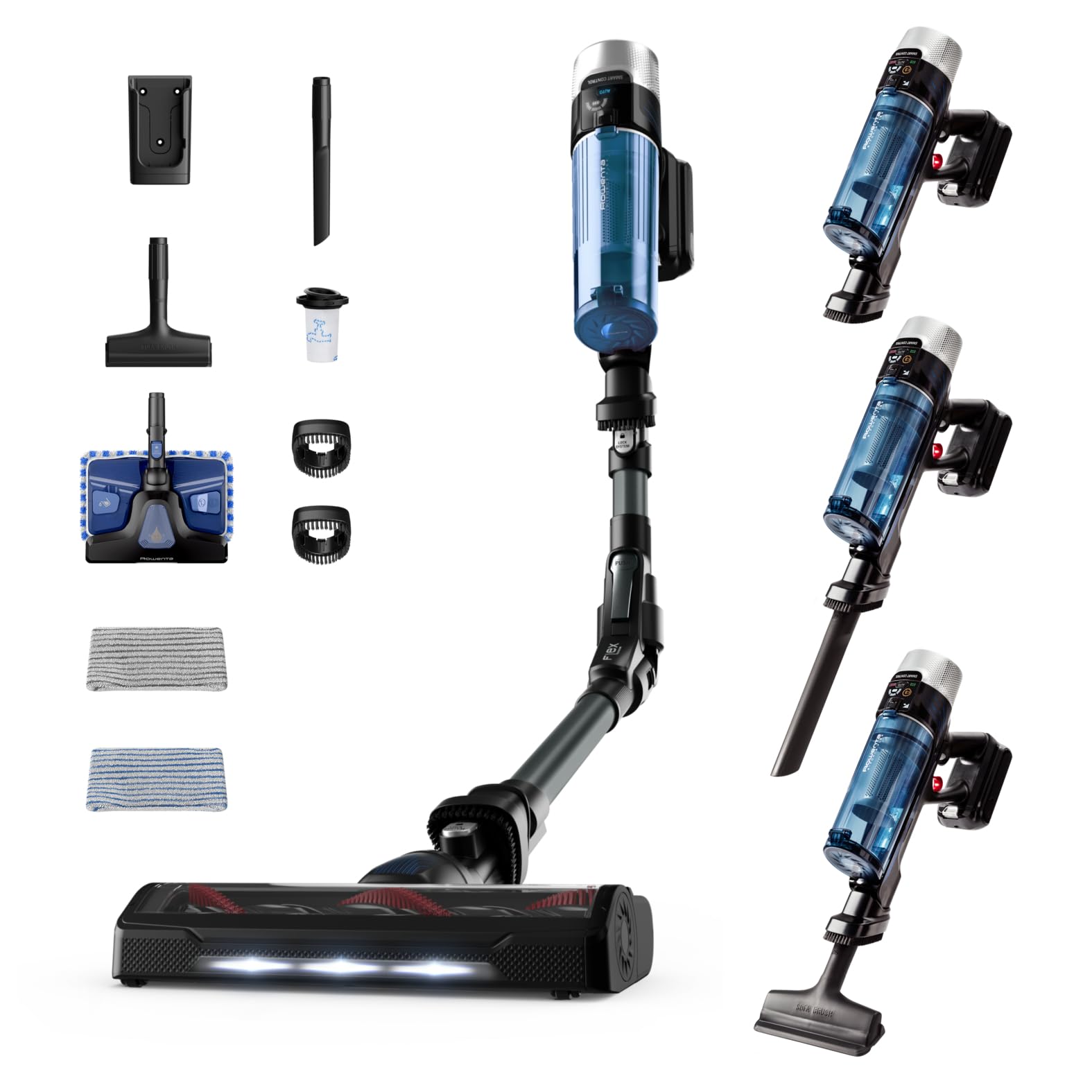 جاروبرقی بی‌سیم Rowenta X-Force Flex 9.60 Allergy Aqua، 100 وات هوا، باتری قابل جابجایی، جاروبرقی بی‌سیم با زمان کارکرد تا 45 دقیقه، جمع و جور، مفصل انعطاف‌پذیر، آبی-مشکی، RH20C2 RH20C2 _نازل Aqua