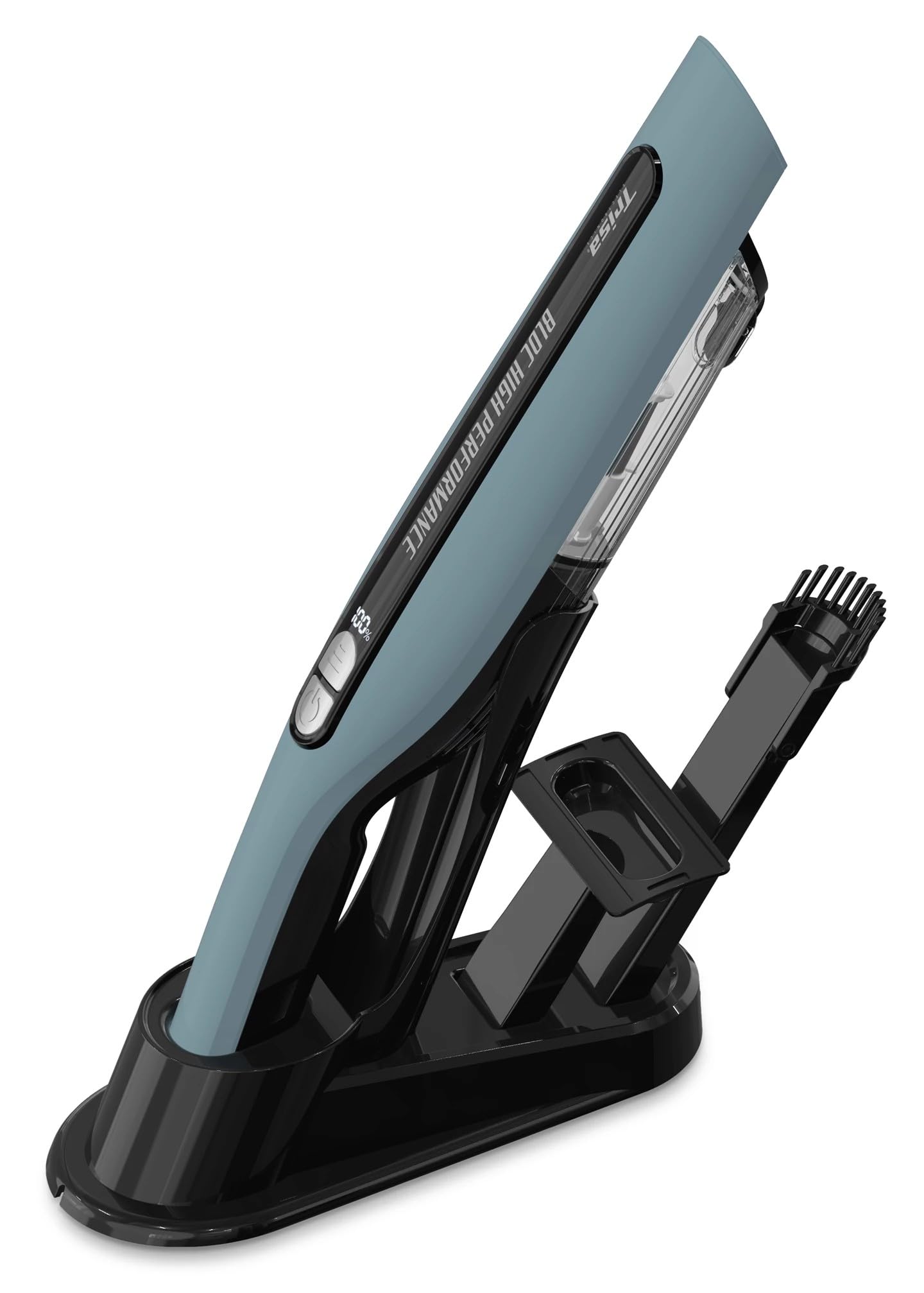 جارو شارژی دستی تریزا سوئیس، موتور BLDC بی‌سیم ۱۲۰ وات، ۳۰ دقیقه کارکرد، ۲ سطح قدرت، فیلتر HEPA، صفحه نمایش، جاروبرقی خودرو، مخزن گرد و غبار ۲۰۰ میلی‌لیتری، آبی روشن