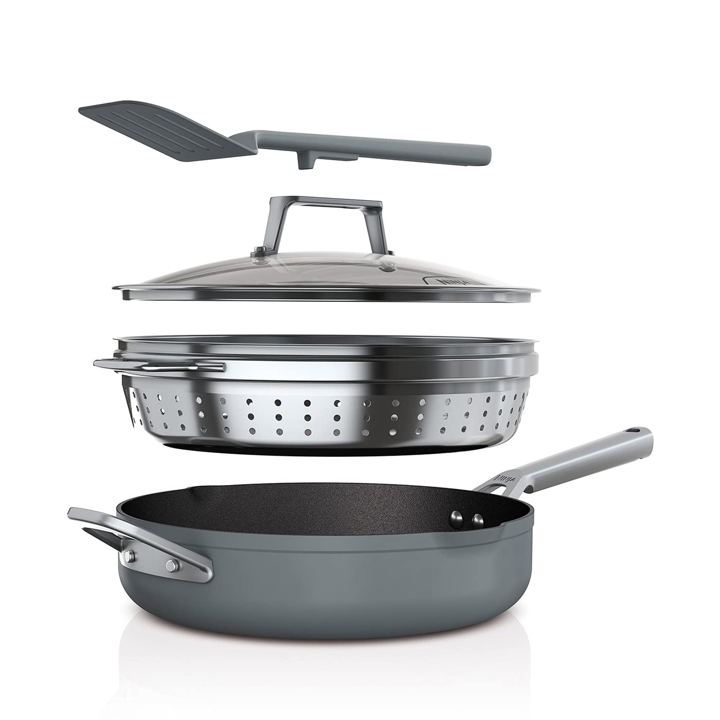 قابلمه 9 کاره Ninja Foodi مدل PossiblePan [CW102GYUK] با فناوری ZEROSTICK، بخارپز/صافی و کفگیر یکپارچه، روکش نچسب، سازگار با دستگاه‌های القایی، قابل شستشو در ماشین ظرفشویی، رنگ خاکستری نمک دریا، قابلمه PossiblePan، خاکستری