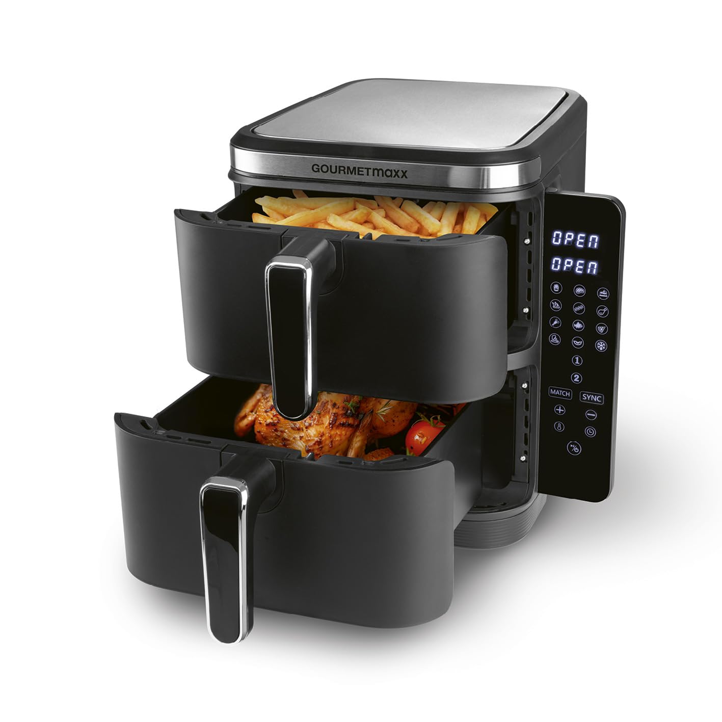 سرخ‌ کن 2 طبقه هوای گرم گورمت‌ مکس آلمان GOURMETmaxx FryUp هوای گرم ۱۰ لیتری صفحه نمایش لمسی تاشو