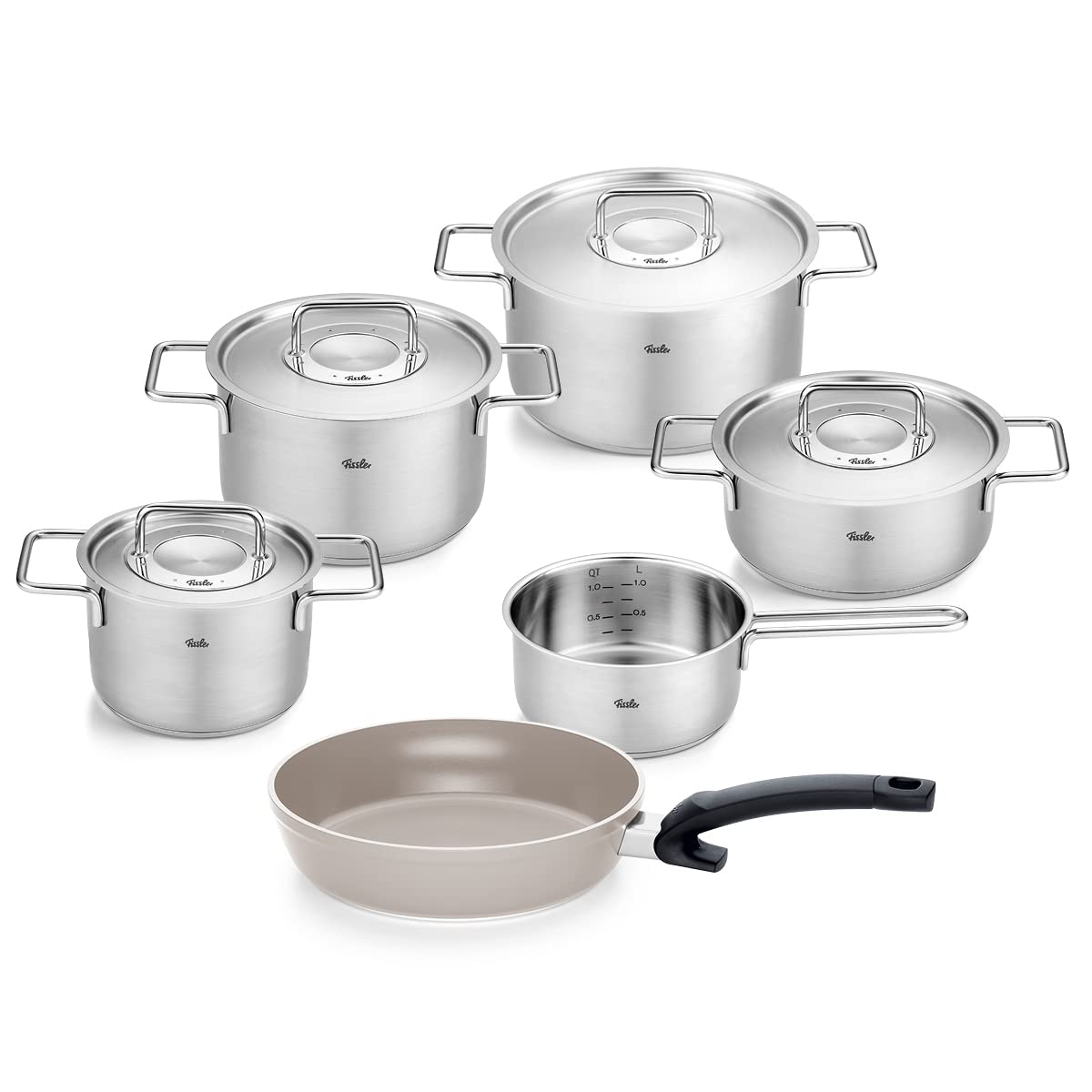 سرویس قابلمه استیل 6 عددی فیسلر Fissler Pure Collection / قابلمه با درب فلزی (3 قابلمه 1 عدد ماهیتابه 1 عدد قابلمه سراتال کامفورت تابه 24 سانتی متری) - القایی نقره ای