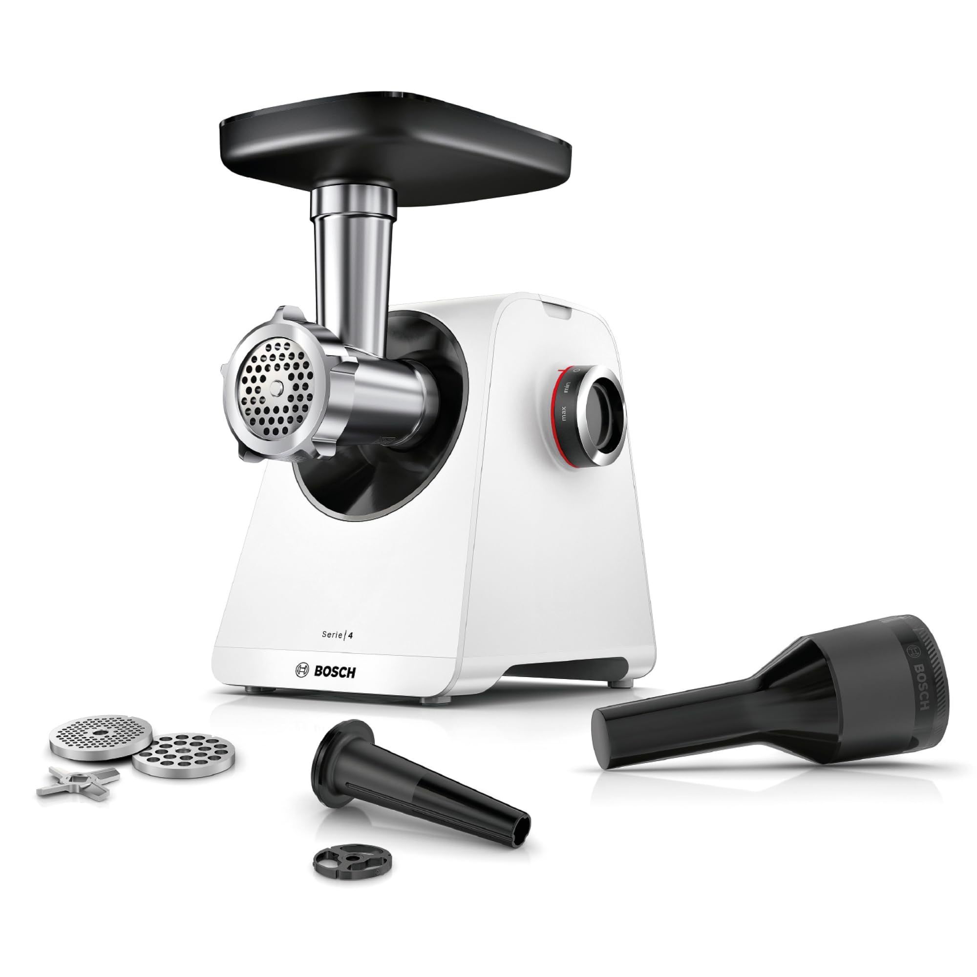 چرخ گوشت بوش آلمان سری 4 Bosch MFWS420W، جمع و جور، 2 سرعته، 2 دیسک سوراخ دار (3 و 8 میلی متر)، سوسیس پرکن، 10 سال گارانتی موتور، دنده سیاره ای، 1900 وات