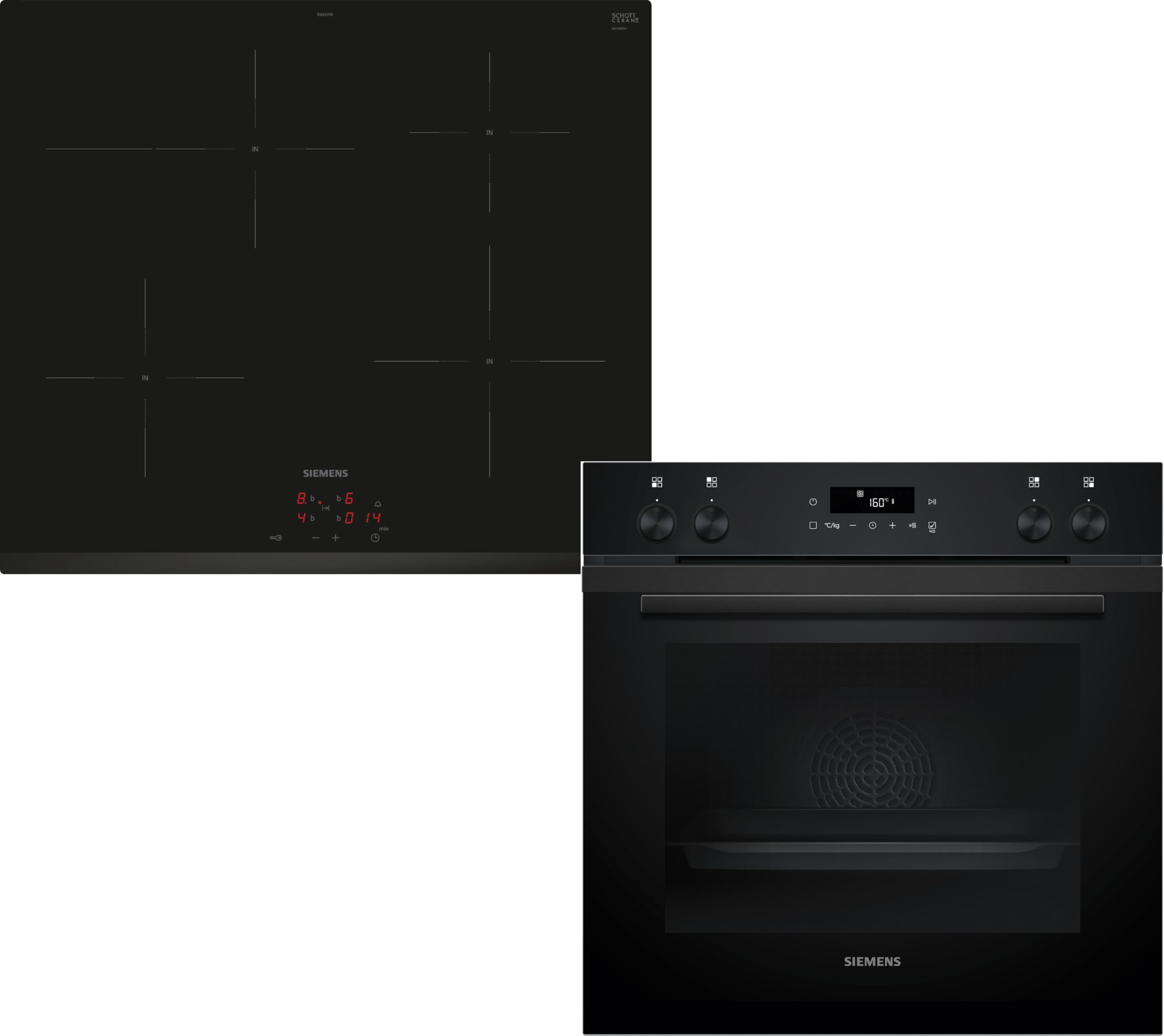 ست اجاق گاز توکار زیمنس PQ212IAAB، مدل iQ300، شامل اجاق گاز HE271ABB4، ابعاد 60 در 60 سانتی‌متر، قابلیت تمیز کردن خودکار با روش پیرولیز و پخت خودکار، اجاق القایی EI631CFB1E، منطقه برشته کردن، تایمر، بدون قاب