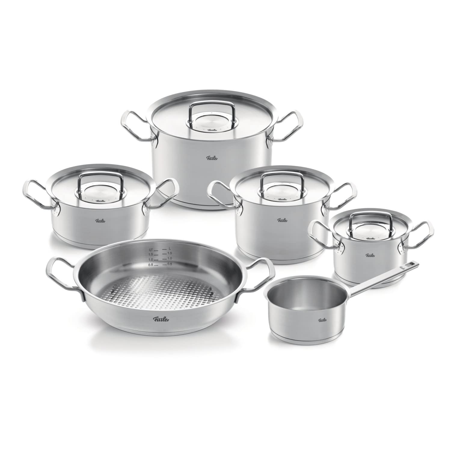 سرویس قابلمه فیسلر Fissler Original-Profi Collection / ست قابلمه استیل + تابه رایگان 5 تکه شامل درب فلزی (3 قابلمه پخت، 1 ماهیتابه، 1 قابلمه) - القایی