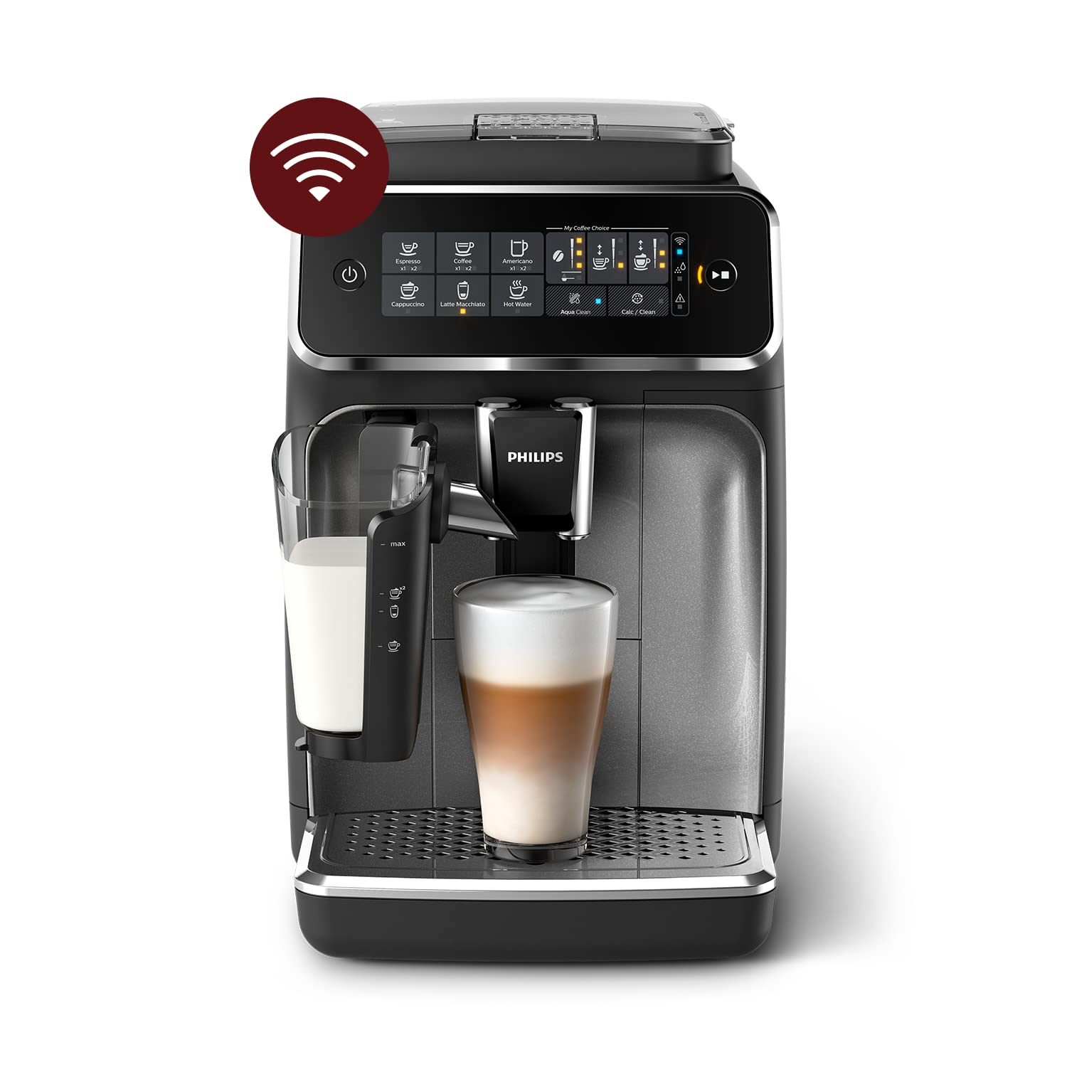 اسپرسو قهوه ساز تمام اتوماتیک فیلیپس PHILIPS Series 3200 - اتصال WiFi، سیستم شیر LatteGo، 5 نوع قهوه، با کنترل برنامه، صفحه نمایش لمسی بصری، نقره ای (EP3546/70)