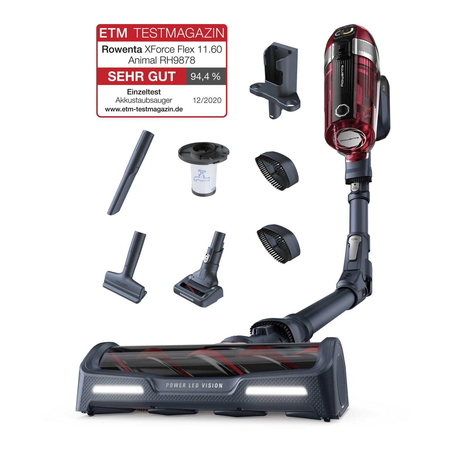 جاروبرقی بی‌سیم Rowenta X-Force 11.60 Animal Care RH9878، مشکی/قرمز، مناسب برای جارو کردن موهای حیوانات خانگی