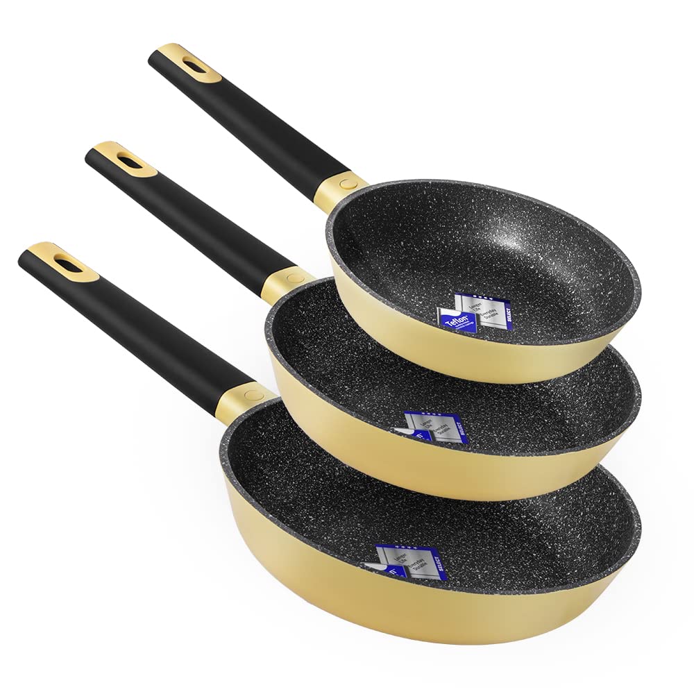 سرویس ماهیتابه سکوتک اسپانیا مدل Polka Experience سایز 20-24-28 از برند Cecotec، قطر 20-24-28 سانتی‌متر، جنس آلومینیوم ریخته‌گری شده، روکش نچسب، مناسب برای انواع اجاق گاز و ماشین ظرفشویی، رنگ زرد