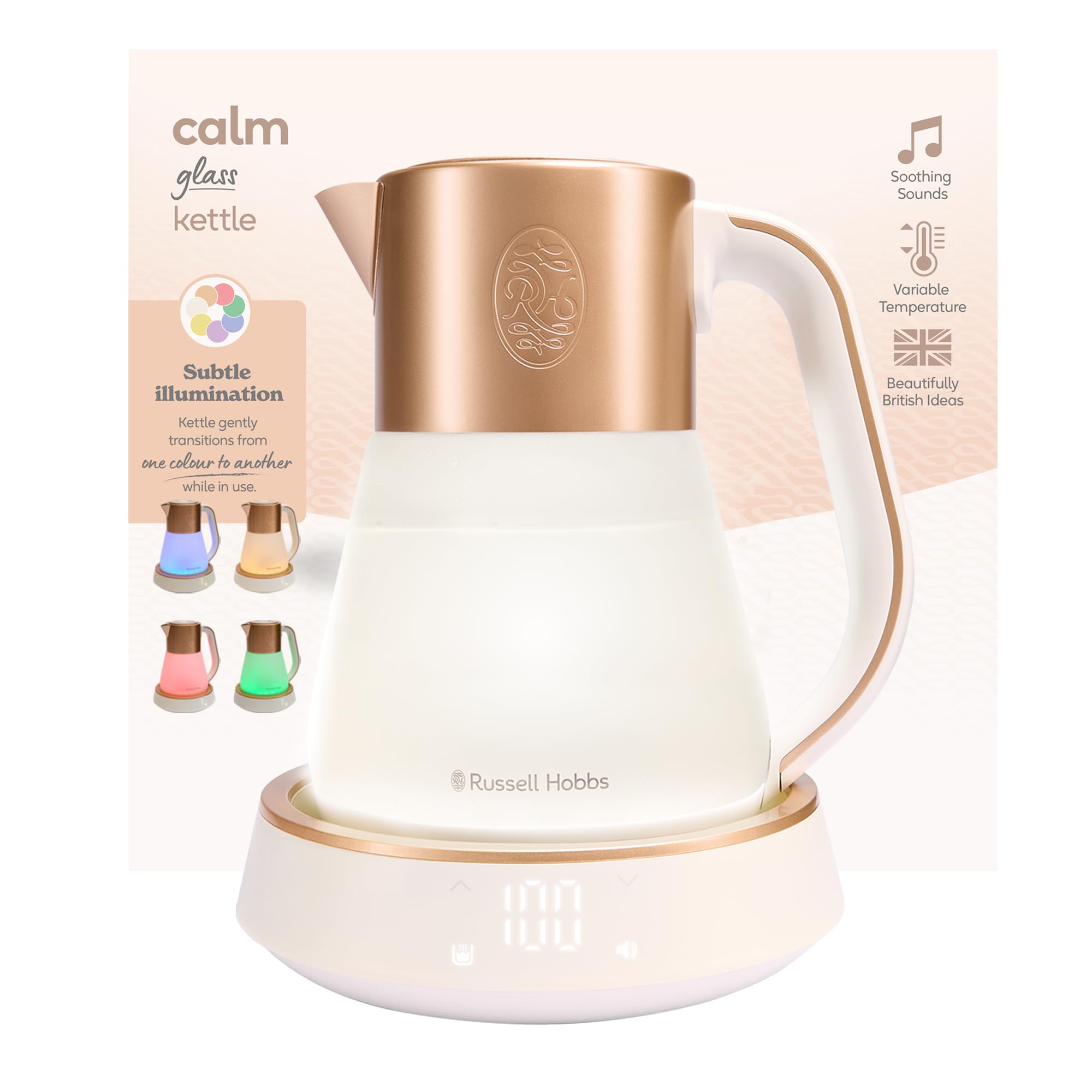 کتری برقی موزیکال راسل هابز انگلستان Russell Hobbs 27450-70 لیتر1.7 ، تنظیم دما 40-100 درجه .نور ال ای دی، صداهای تسکین دهنده، فناوری جوش آرام، کنترل لمسی