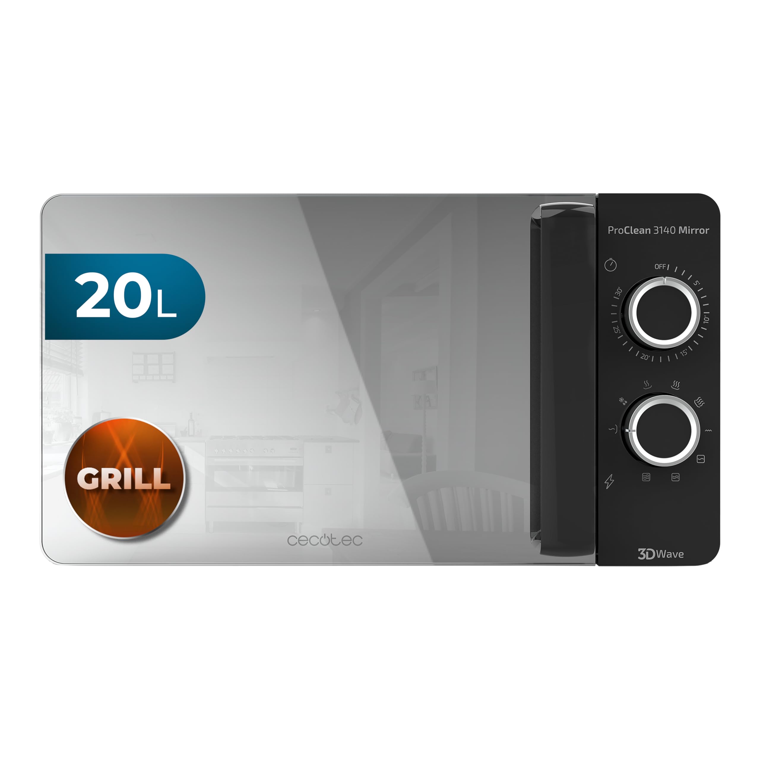 مایکروویو آینه ای Cecotec Pro Clean 3140 700 W کوارتز گریل 800 W 20 L درب آینه جلو نقره ای بسیار صیقلی نور 3D Wave Ready 2 Clean زمان پخت 30 دقیقه تایمر 6 سطح 2 صفحه به رنگ مشکی نقره ای