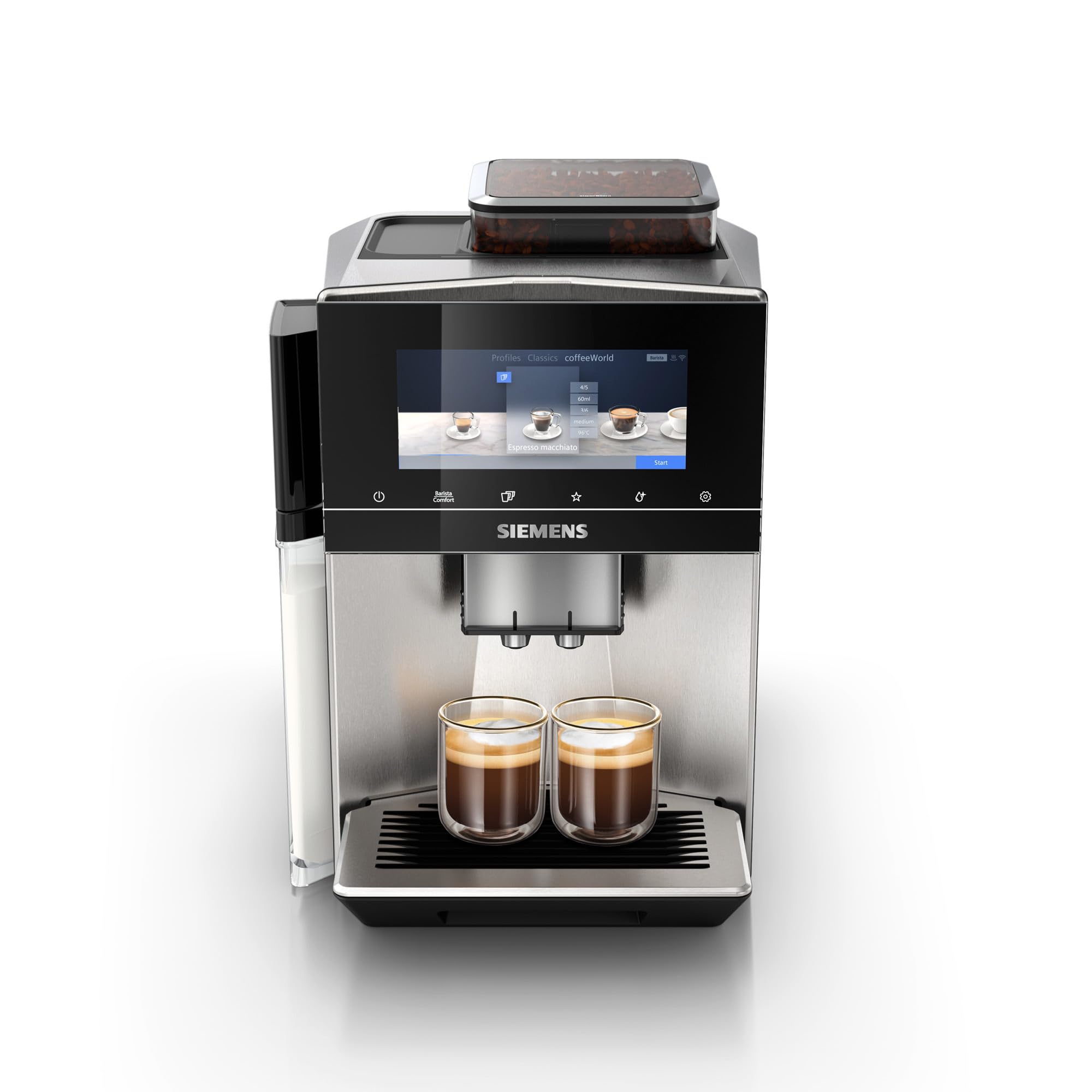 دستگاه قهوه ساز تمام اتوماتیک زیمنس EQ900 plus TQ905DZ3، دارای ۳۶ نوع قهوه مخصوص بین المللی، تنظیمات آسیاب سفارشی، کنترل برنامه، صفحه نمایش بزرگ تمام لمسی، استیل ضد زنگ