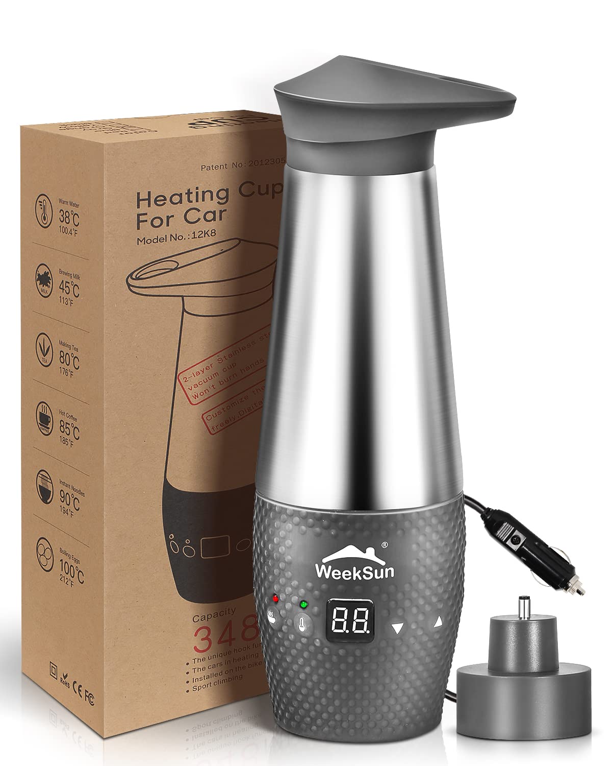 فلاسک شارژی مسافرتی  12 ولت با کنترل دما برای کمپینگ مسافرتی، فولاد ضد زنگ، جوش سریع، خاموش شدن خودکار، ضد نشت و محافظت در برابر جوش، 348 میلی لیتر