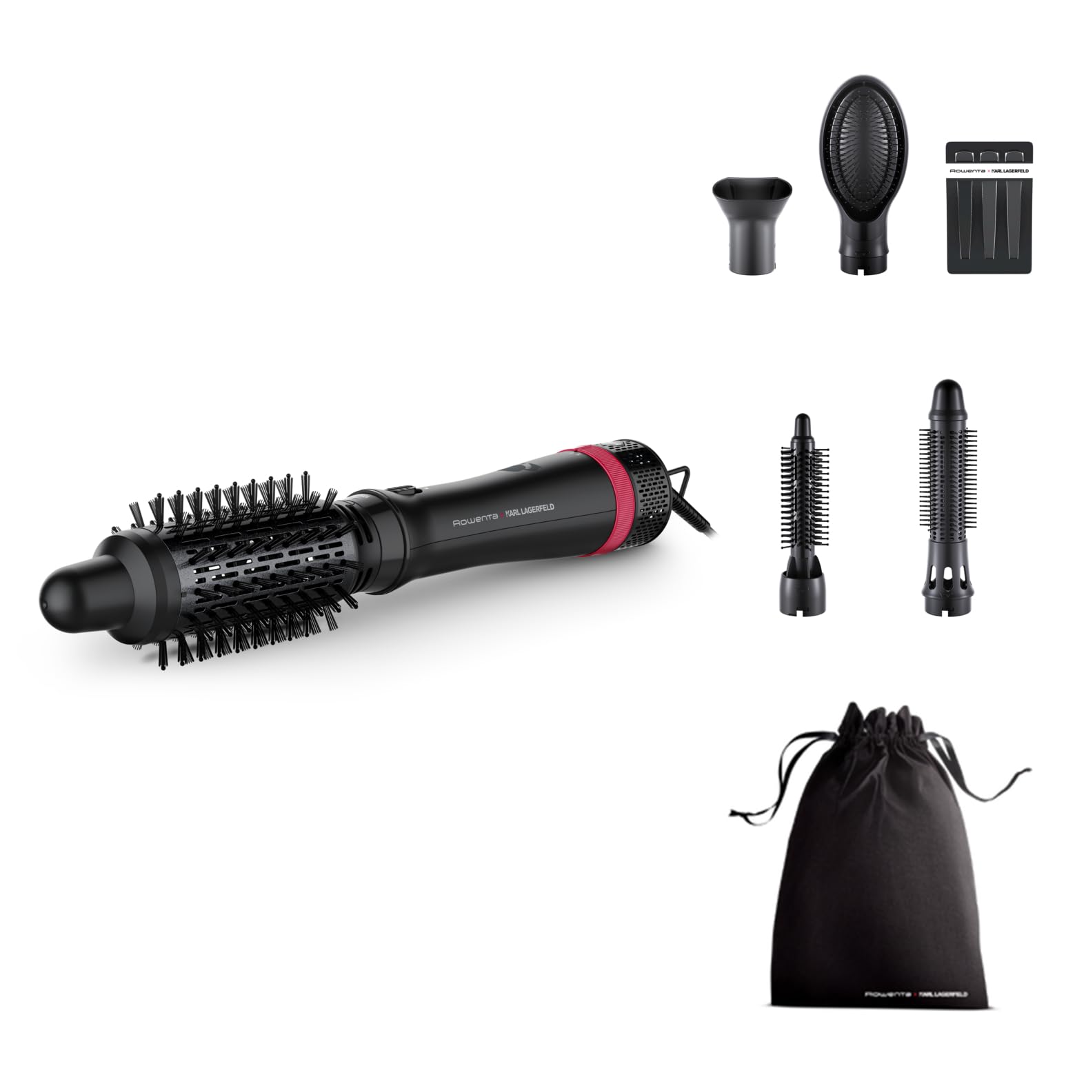 برس هوای گرم روونتا ایکس کارل لاگرفلد CF635L اکسپرس استایل | برس حالت دهنده 5 کاره | پوشش کراتین و براق کننده | دمای ثابت 60 درجه سانتیگراد | مناسب برای انواع مو | لوازم جانبی فراوان | مشکی | 7 لوازم جانبی