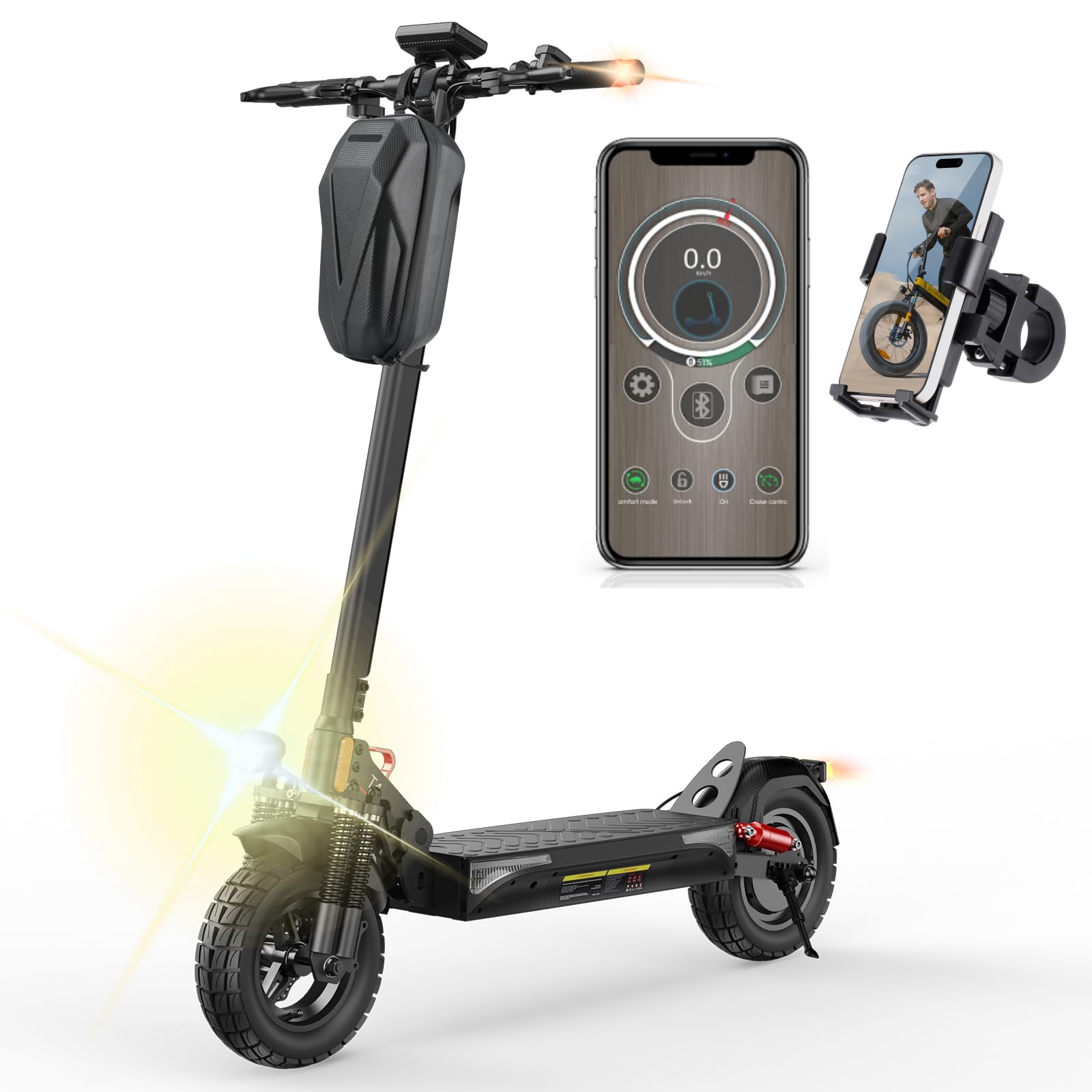 اسکوتر برقی با تاییدیه جاده، لاستیک‌های بادی آفرود ۱۰ اینچی با سیستم جذب شوک دوگانه، باتری ۱۲.۵ آمپر ساعت، برد ۶۰-۷۰ کیلومتر، صفحه کیلومتر شمار LCD، حداکثر ظرفیت بار ۱۵۰ کیلوگرم، اسکوتر برقی آفرود ۱۰ اینچی Smart APP T4 + نگهدارنده گوشی