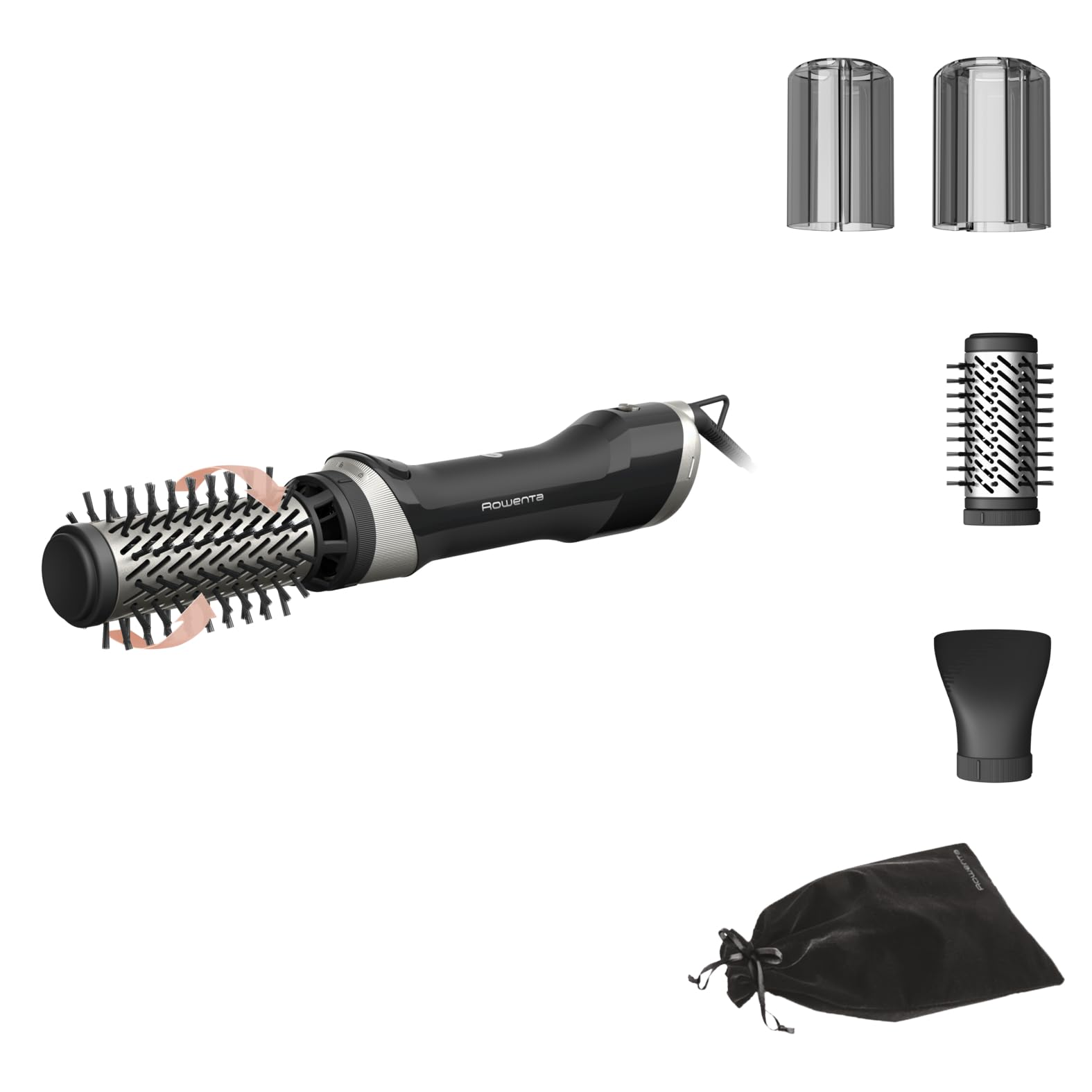 برس هوای گرم چرخشی Rowenta Brush Activ' Renewal، چرخش رو به جلو/معکوس، پوشش سرامیکی، عملکرد یون، موهای طبیعی، 2 حالت تنظیم دما/جریان، کول شات، 1000 وات، مشکی، مشکی و نقره‌ای UB9530F0 | 6 لوازم جانبی