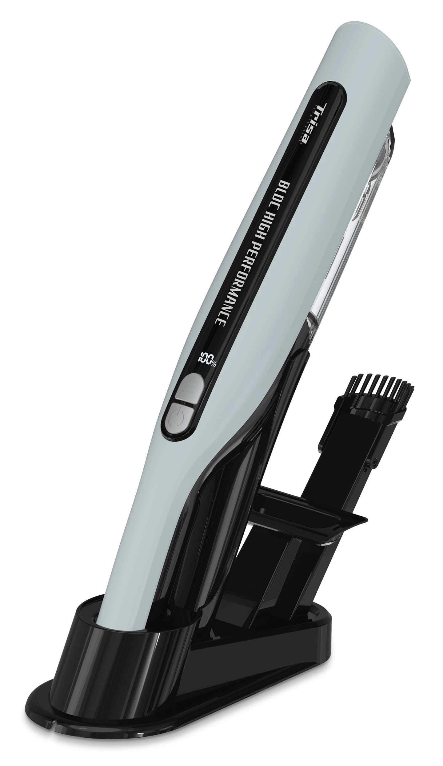 جارو شارژی دستی تریزا سوئیس، موتور BLDC بی‌سیم ۱۲۰ وات، ۳۰ دقیقه کارکرد، ۲ سطح قدرت، فیلتر HEPA، صفحه نمایش، جاروبرقی خودرو، مخزن گرد و غبار ۲۰۰ میلی‌لیتری، سفید