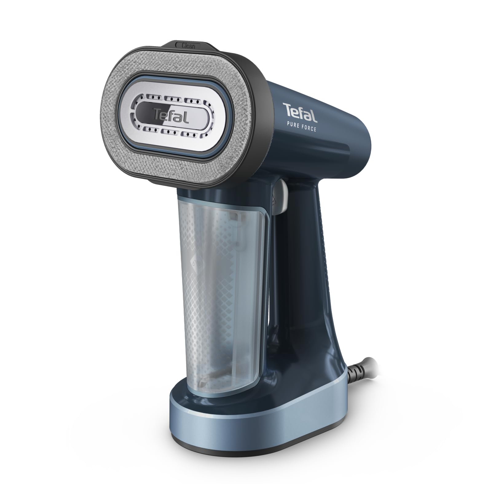 برس بخارشوی Tefal Pure Force 3-in-1، کفی سرامیکی، خروجی بخار 35 گرم در دقیقه، افزایش بخار 90 گرم در دقیقه، 4 تنظیم بخار، کنار پرزگیر، مخزن آب قابل جدا شدن 180 میلی لیتر، 1800 وات، آبی، DT8755E0 3-in-1، با کنار پرزگیر