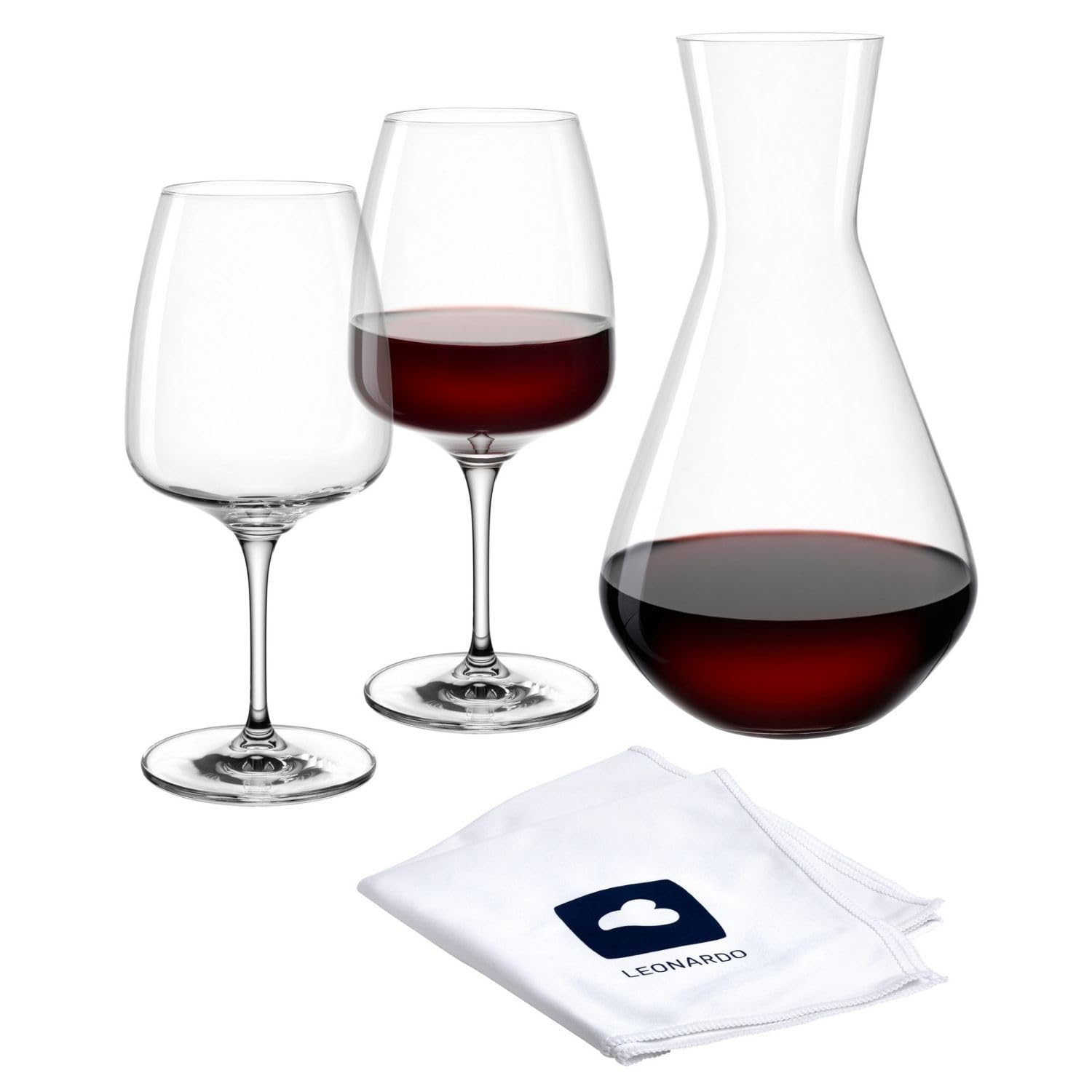 سرویس شراب LEONARDO HOME CESTI (مجموعه ۳ عددی) شامل پارچه جلا دهنده • سرویس شراب قابل شستشو در ماشین ظرفشویی • سرویس شراب قرمز مقاوم در برابر ضربه • لیوان‌های شراب با پایه کوتاه (۵۰۰ میلی‌لیتر) • قوری شیشه‌ای با کیفیت بالا (۱۵۰۰ میلی‌لیتر) • سرویس شراب ۳ تکه + پارچه جلا دهنده ۰۴۰۹۷۴
