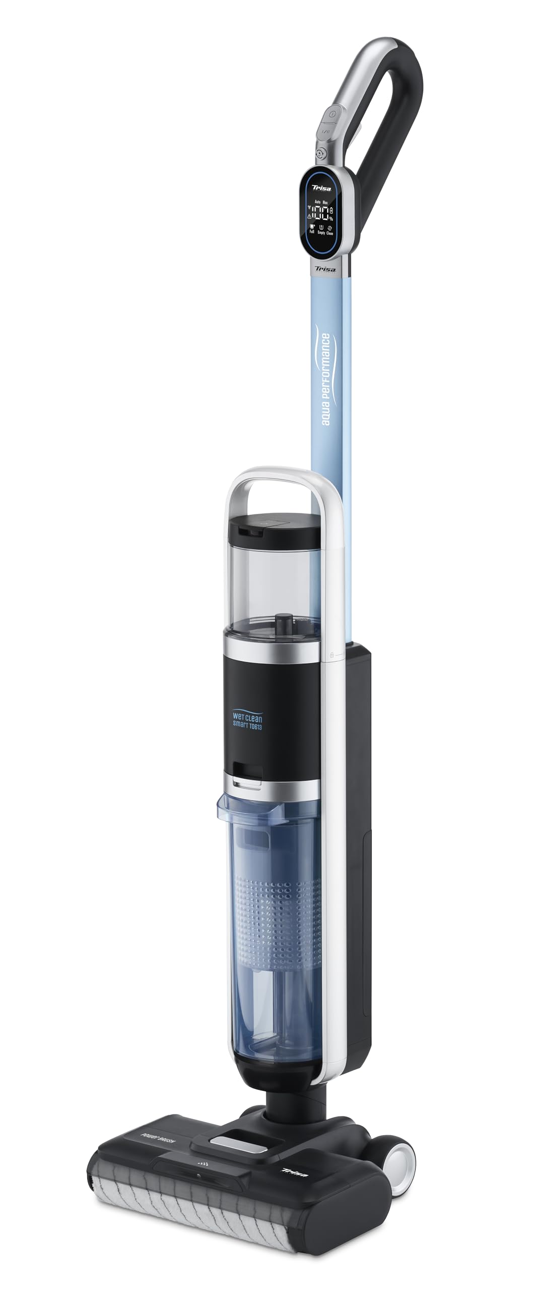 دستگاه تمیزکننده کف سخت تریزا سوئیس Trisa Wet Clean Smart T0613 برای تمیز کردن سطوح خشک و تر، صفحه نمایش LED، دستیار صوتی، نازل کف با اسپری قدرتمند، فیلتر HEPA، عملکرد خود تمیز شوندگی، خشک کردن با غلتک برس دار