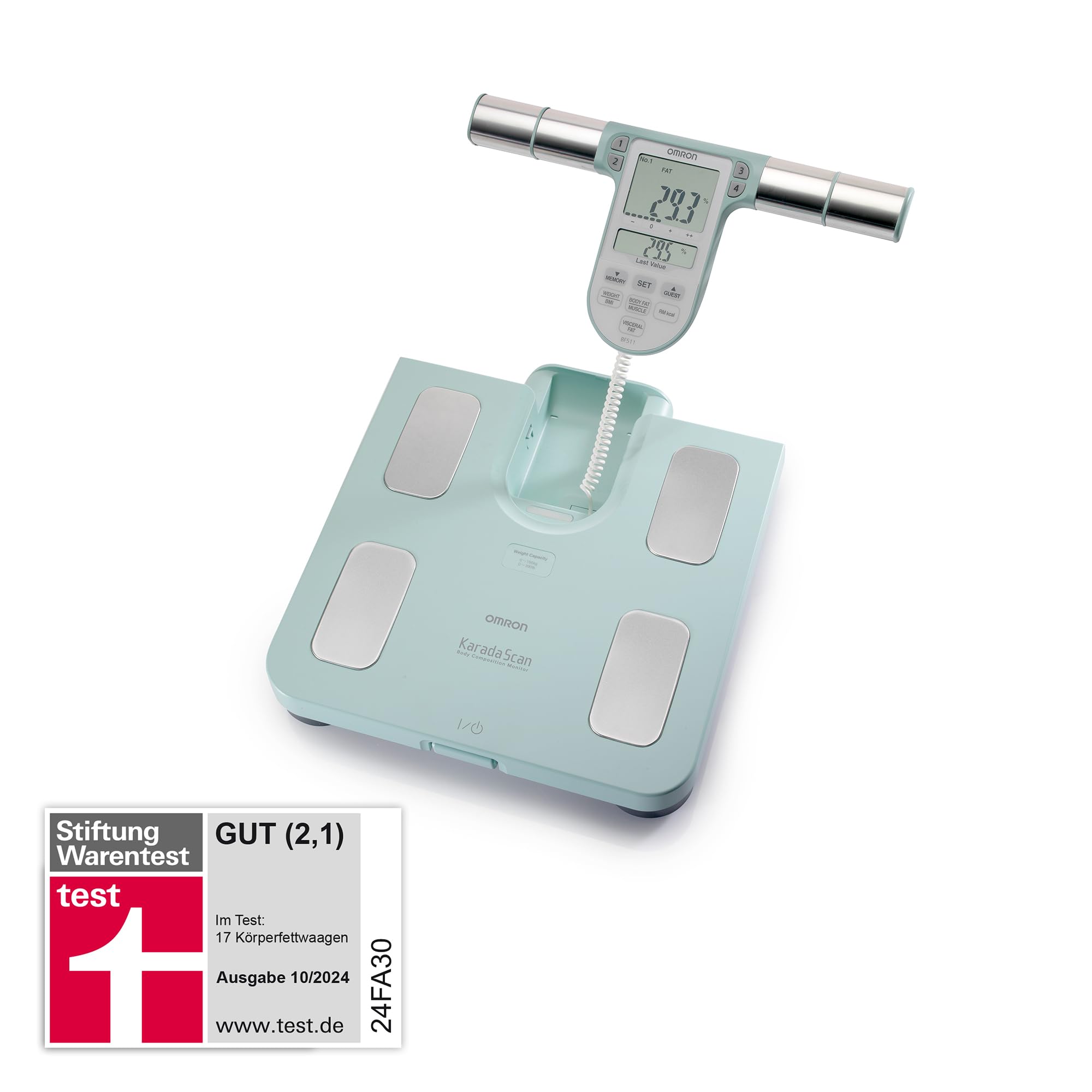 ترازو دیجیتال امرون ژاپن OMRON BF511، Stiftung Warentest، دارای اعتبار بالینی، 8 سنسور دقیق برای اندازه گیری دست و پا. وزن، چربی بدن، چربی احشایی