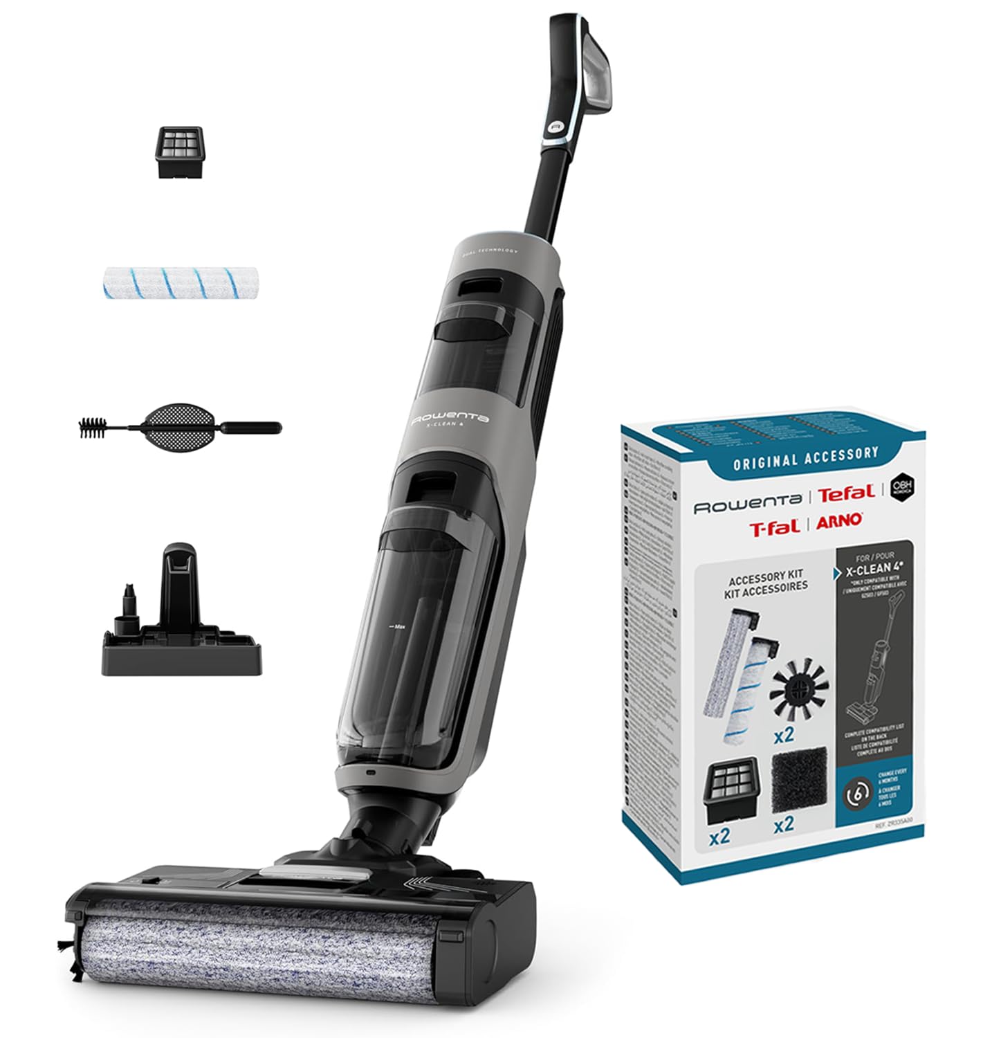 جاروبرقی بی‌سیم و خشک Rowenta X-Clean 4 GZ5036WO + مجموعه لوازم جانبی (برس، غلتک، فیلتر)، خود تمیز شونده، صفحه نمایش LED، 50 دقیقه کارکرد