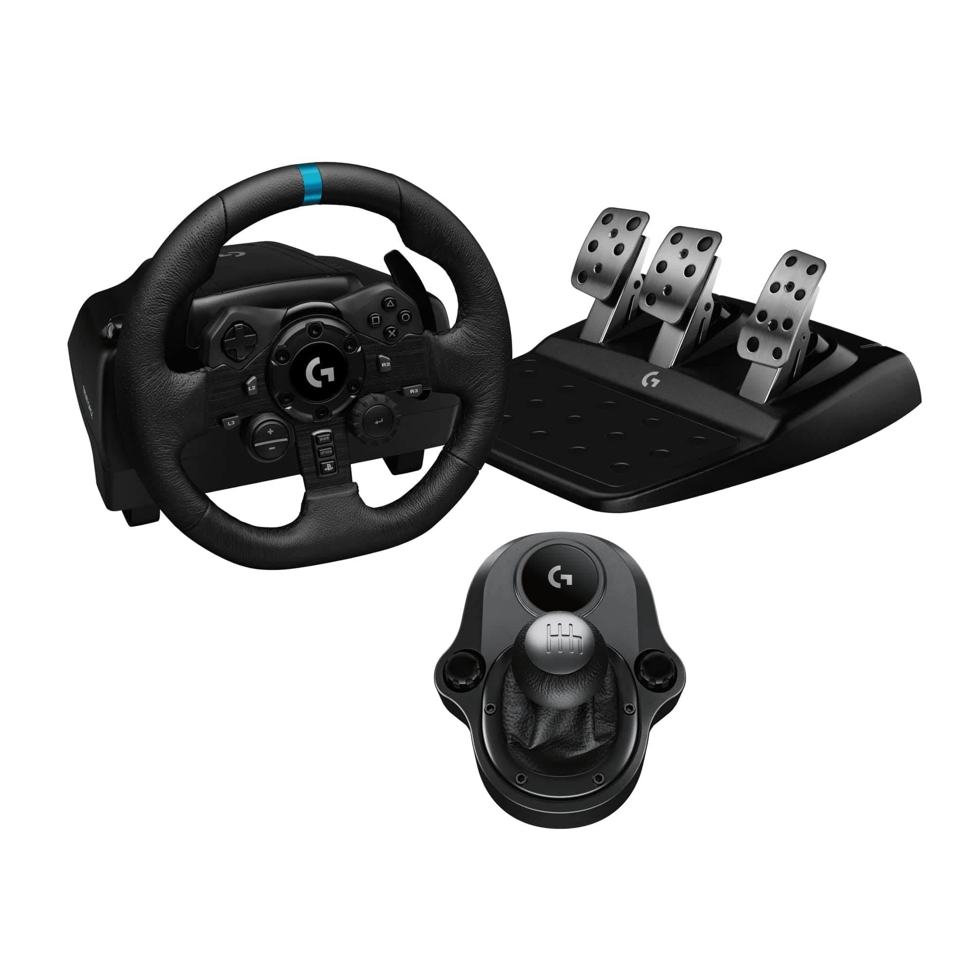 فرمان و پدال‌های مسابقه‌ای Logitech G G923، بازخورد TRUEFORCE Force + دسته دنده Logitech G Driving Force - چرم اصل، برای PS5، PS4، PC، Mac - مشکی، پلی‌استیشن | PC G923 TRUEFORCE + دسته دنده