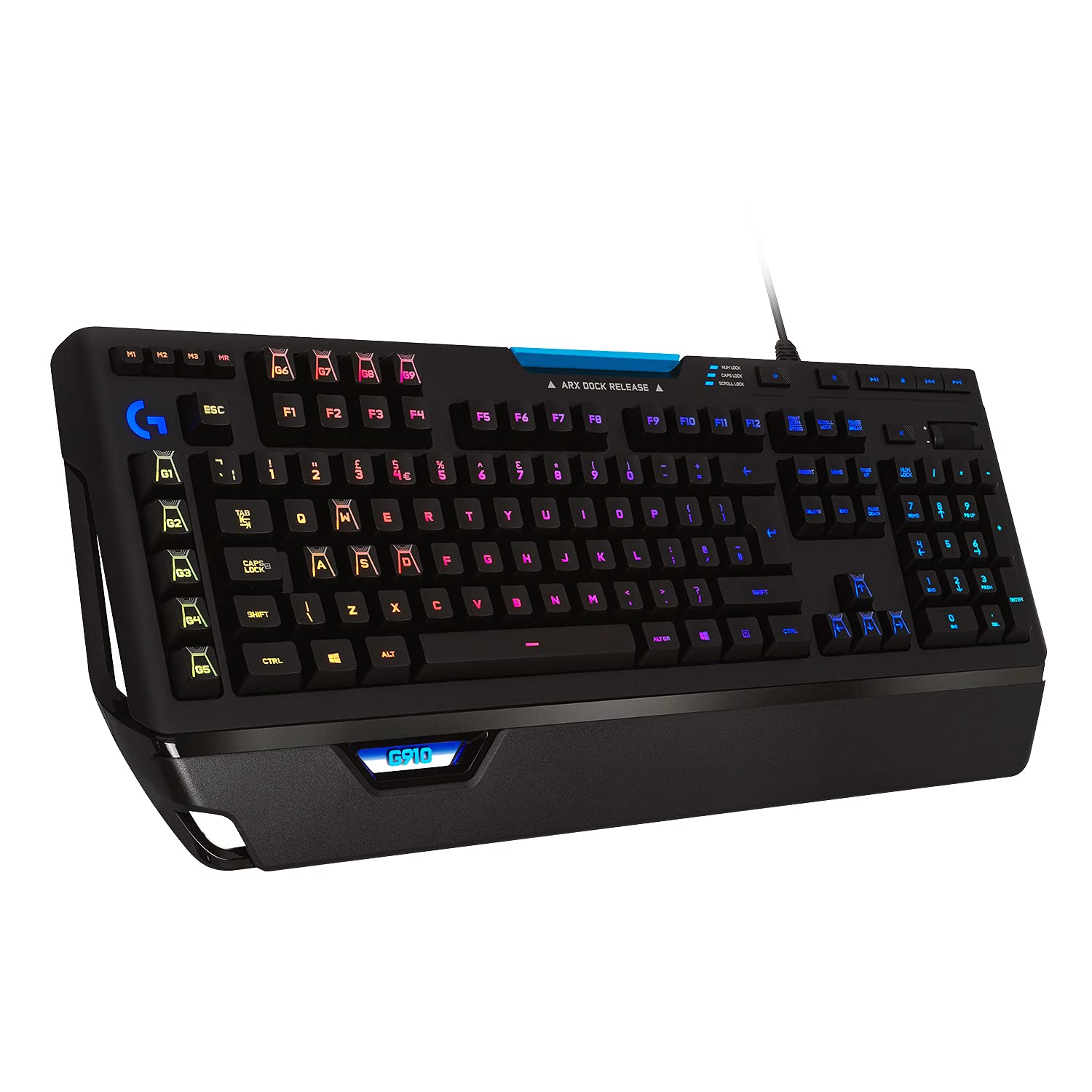 کیبورد مکانیکی مخصوص بازی Logitech G910 Orion Spectrum، کلیدهای لمسی Romer-G، نورپردازی RGB، 9 کلید G قابل برنامه‌ریزی، Anti-Ghosting، قابلیت صفحه نمایش دوم ARX، طرح‌بندی QWERTY آمریکایی - کیبورد با طرح‌بندی بین‌المللی مشکی آمریکایی