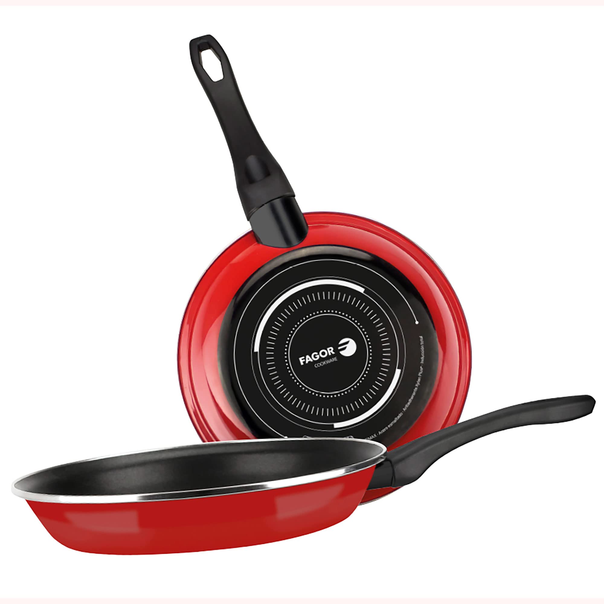 ست ماهیتابه 2 عددی القایی فاگور اسپانیا اپتیمکس، استیل لعابی 20-24 سانتی‌متری، پوشش نچسب اکولوژیکی XYLAN PLUS بدون PFOA، ضخیم، مناسب برای همه اجاق گازها، سرامیک شیشه‌ای، گازی، قرمز