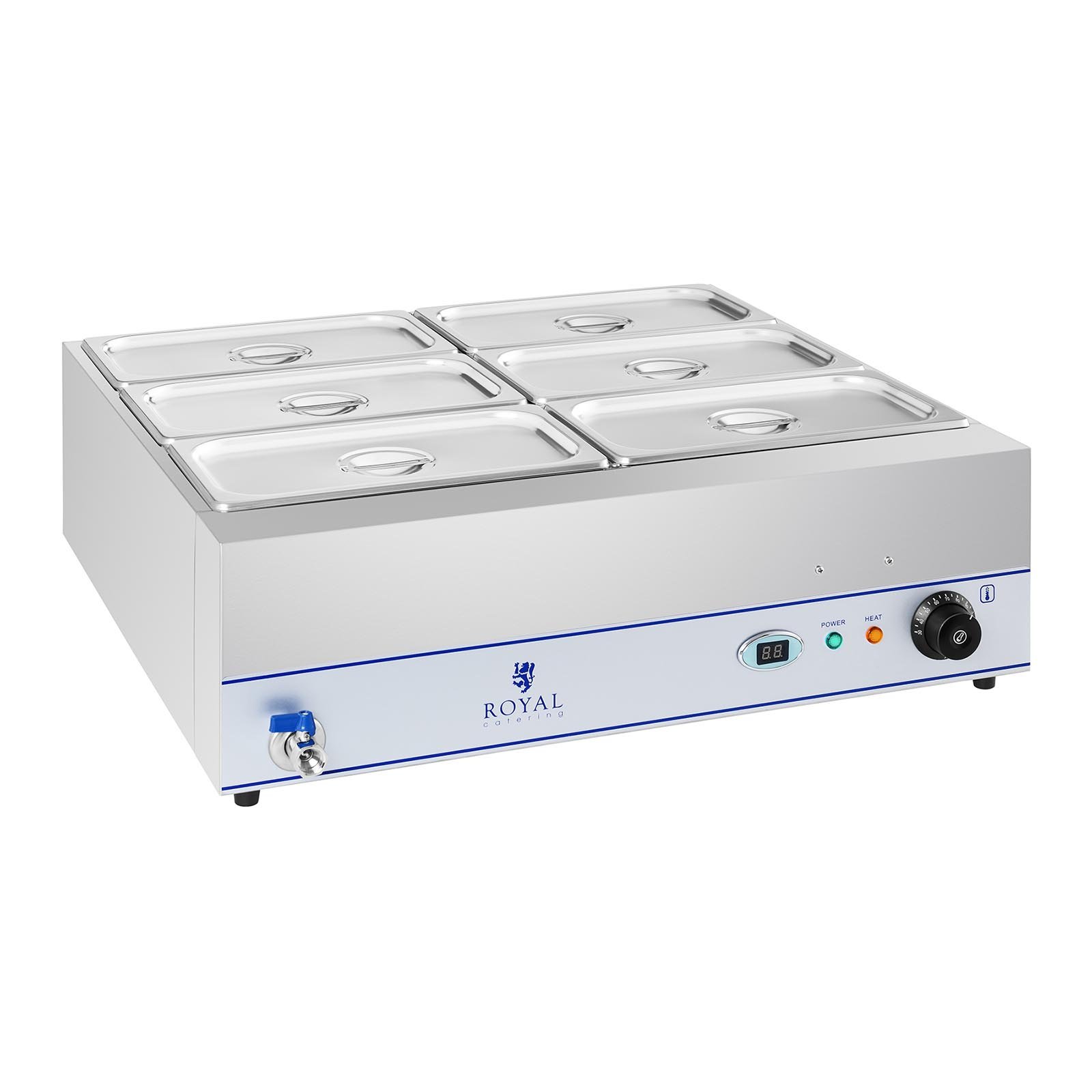 گرمکن غذای بن ماری Royal Catering RCBM-6W-2000 (2000 وات، 6 ظرف GN، شیر تخلیه، استیل ضد زنگ، نمایشگر LCD)