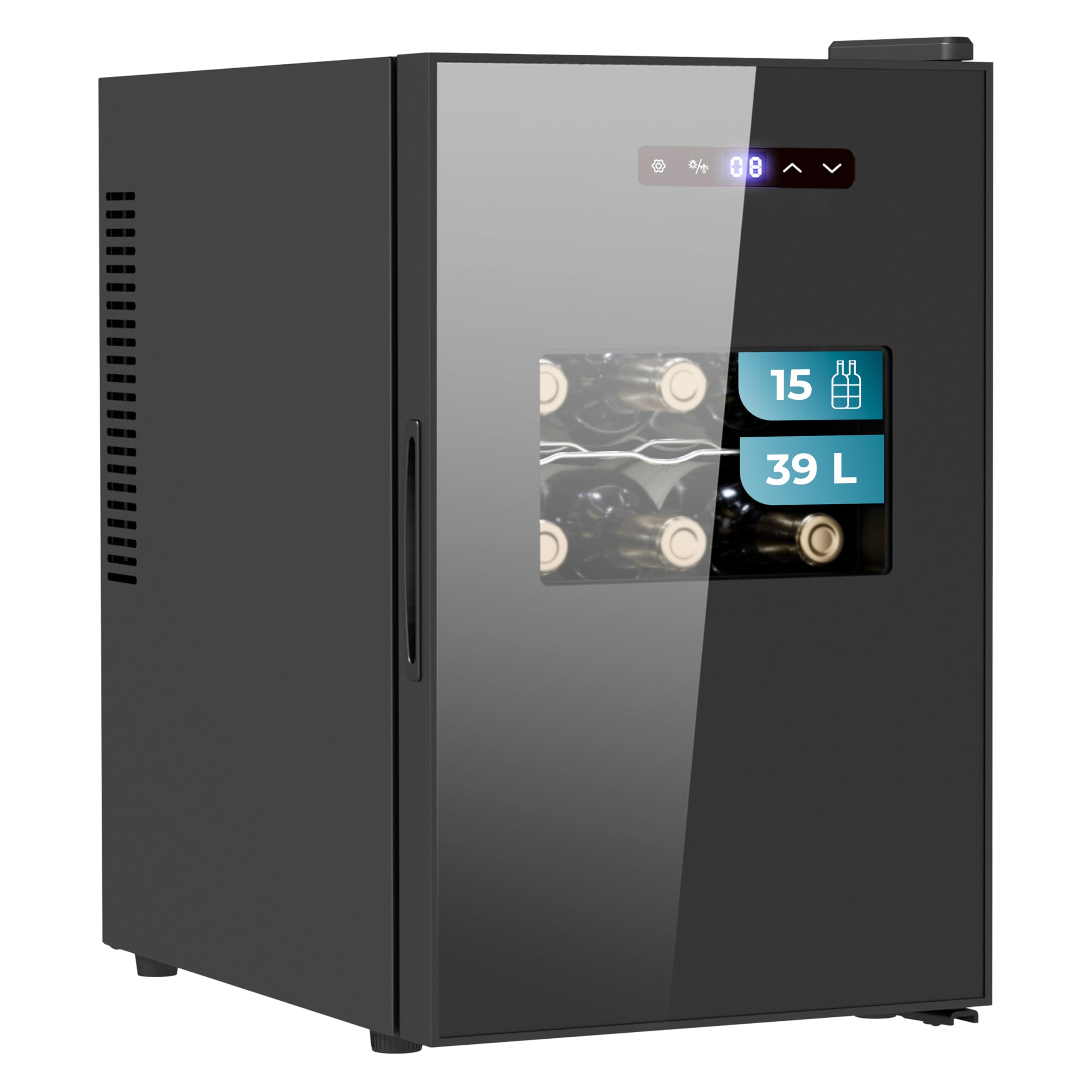 بطری سرد کن ۱۵ لیتری سکوتک اسپانیا Cecotec مدل Bolero Grandsommelier 1530 Coolcrystal، خنک‌کننده ترموالکتریک، قابلیت تنظیم دما بین ۵ تا ۱۸ درجه سانتیگراد، کنترل لمسی، صفحه نمایش، چراغ LED در داخل، گاز غیر مضر.