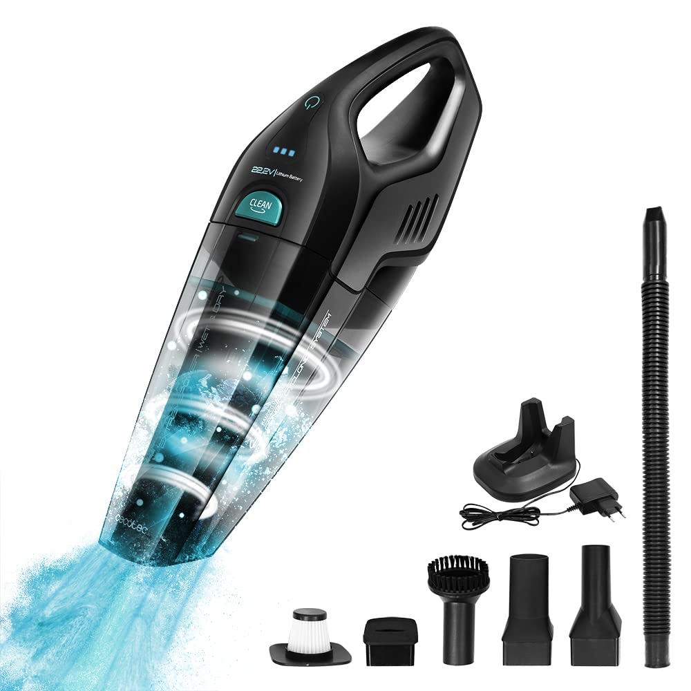 Cecotec Conga Immortal ExtremeSuction 22.2V Handheld 2 in 1 Wet Dry Cyclone Handheld جاروشارژی دستی باتری بی صدا لوازم جانبی سطوح مبلمان ماشین حیوانات خانگی موی دیواری ایستگاه شارژ در آکوامارین مشکی (22.2 ولت، بدون دست حیوان)