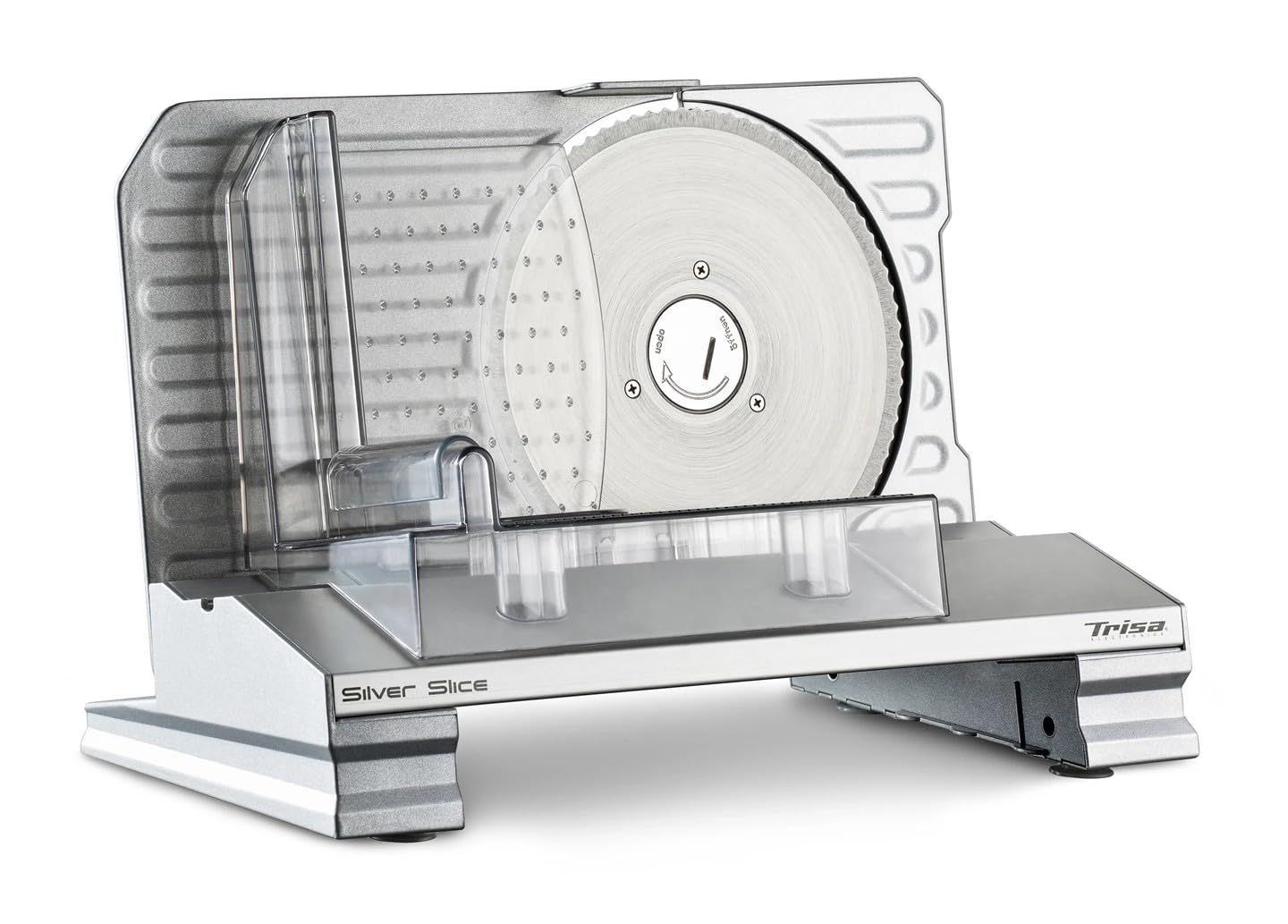 خردکن برقی تریزا سوئیس سیلور اسلایس – آلومینیوم ریخته‌گری، موتور القایی ۱۵۰ وات، تیغه دندانه‌دار استیل ضد زنگ ۱۹۰ میلی‌متر، عرض برش ۱ تا ۲۰ میلی‌متر، کالسکه قابل جدا شدن، پایه‌های لاستیکی ضد لغزش