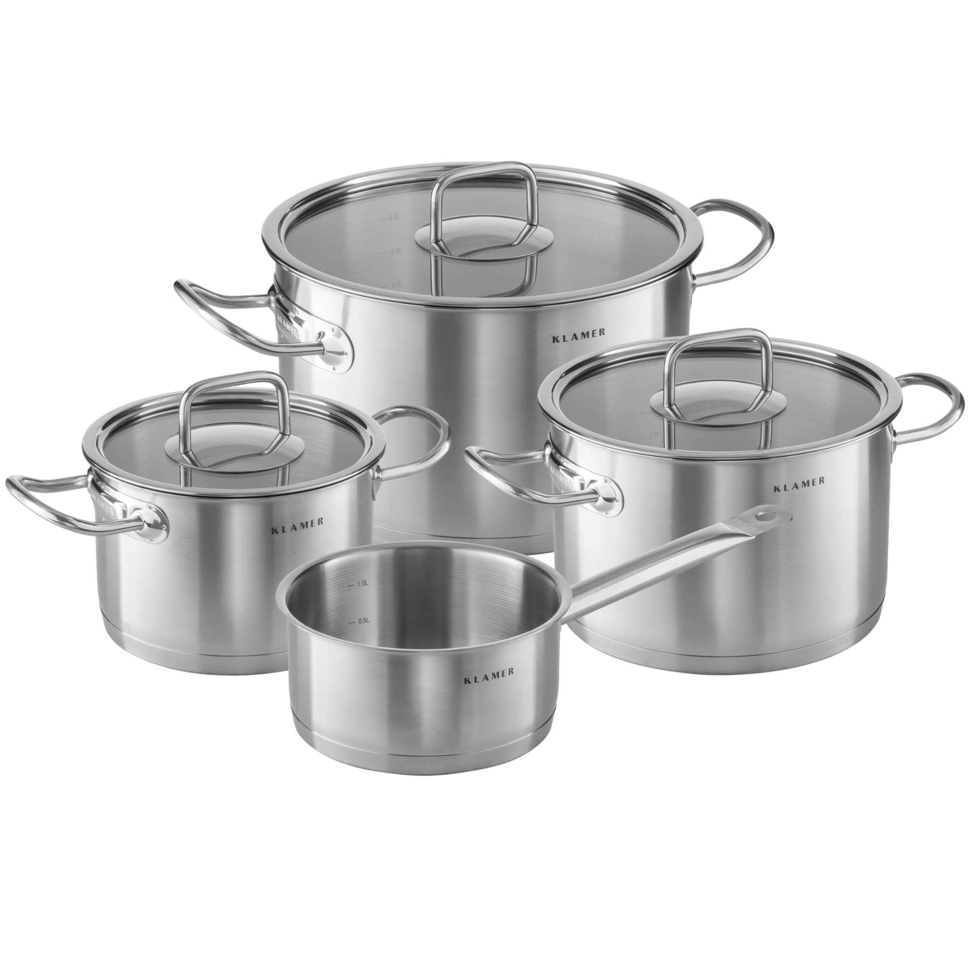 سرویس قابلمه استیل درجه یک کلامر آلمان، ست قابلمه با درب شیشه ای، ست قابلمه بدون روکش، ست قابلمه القایی (4 عدد)