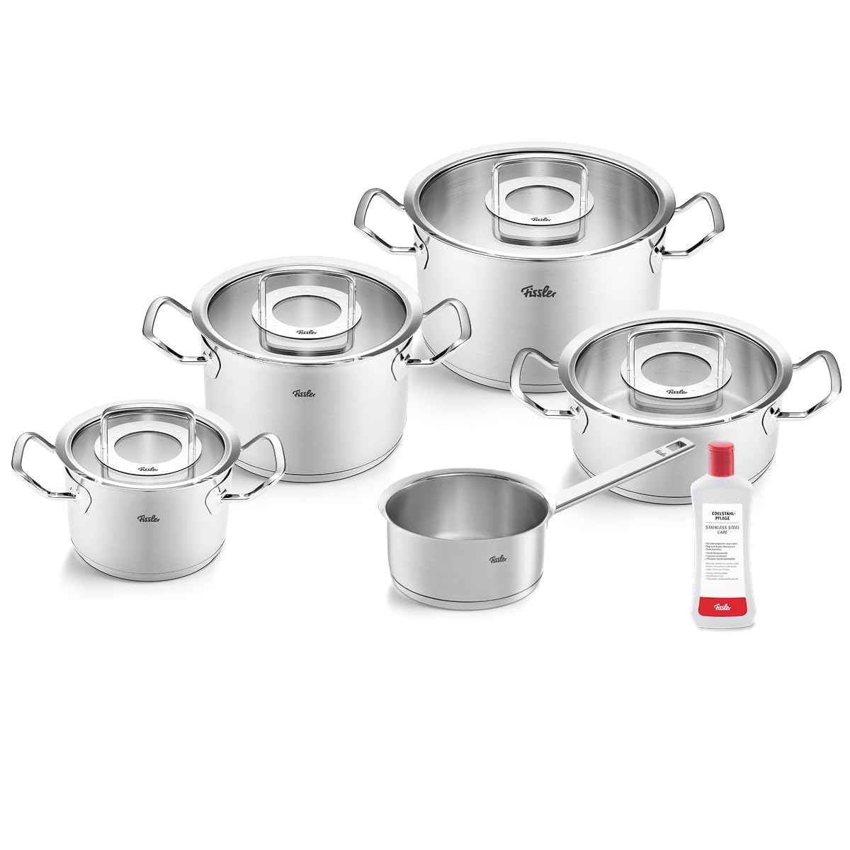 سرویس قابلمه فیسلر قابلمه پخت و پز Fissler Original-Profi Collection/Stainless Steel, 5 تکه شامل درب شیشه ای + مراقبت از فولاد ضد زنگ رایگان - القایی، نقره ای