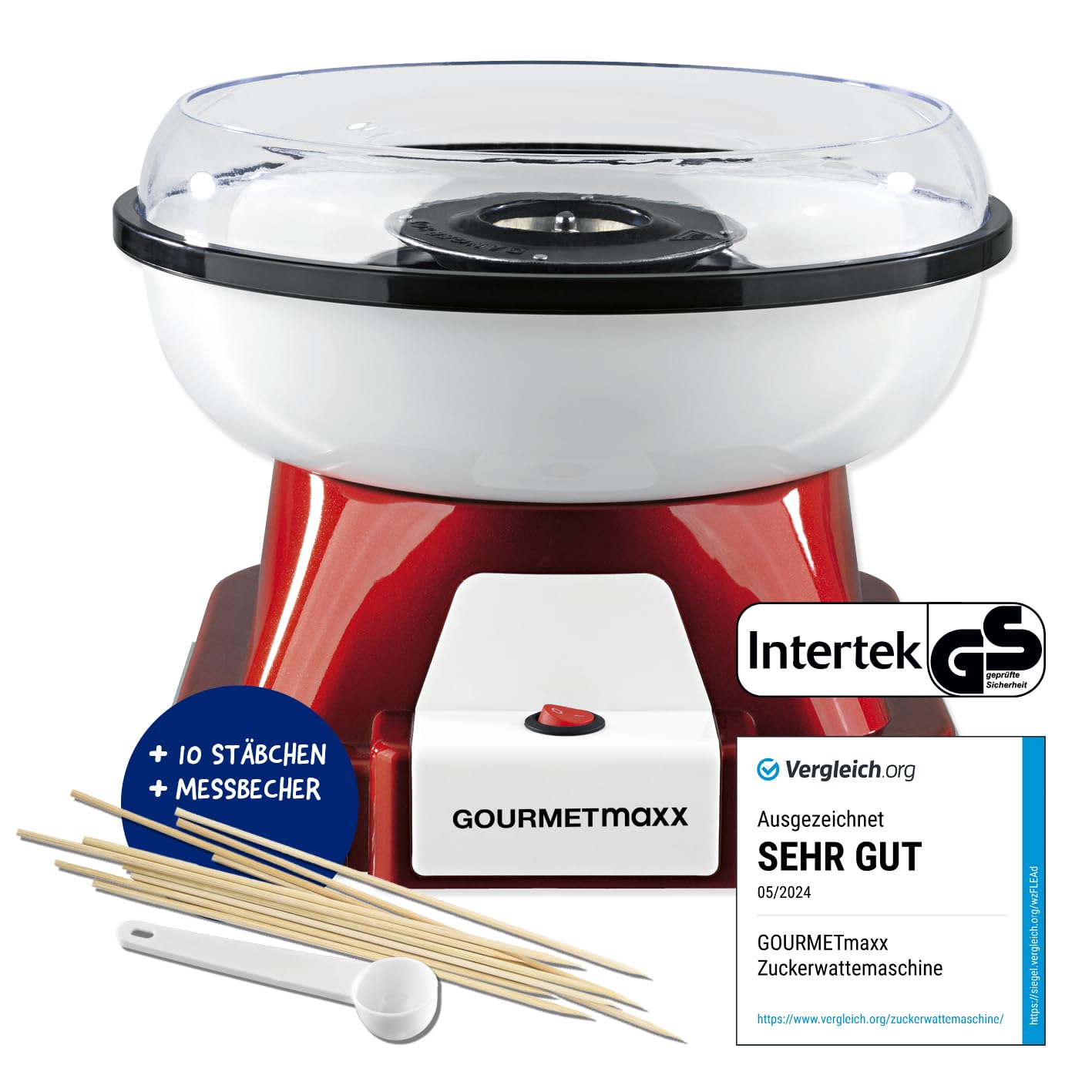 پشمک ساز گورمت‌ مکس آلمان GOURMETmaxx خانگی پشمک ساز رترو با چوب پشمک و قاشق مدرج قرمز