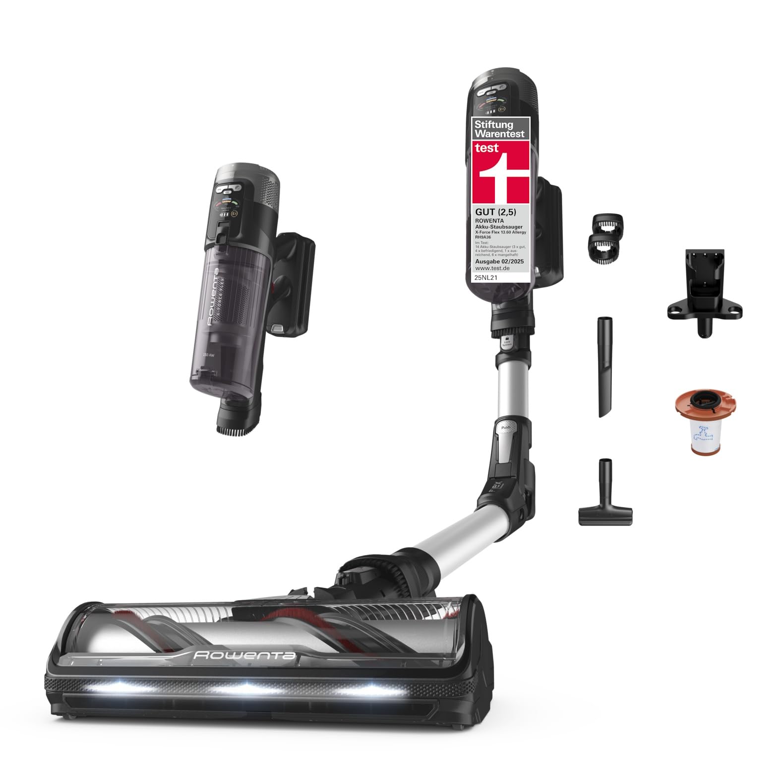 جاروبرقی بی‌سیم Rowenta X-Force Flex 13.60، مدل ضد حساسیت، قدرت تمیزکنندگی عمیق، مفصل انعطاف‌پذیر، ۱۵۰ وات باد، تا ۶۰ دقیقه کارکرد، ساخت فرانسه، RH9A36WV برنده جایزه STIFTUNG WARENTEST