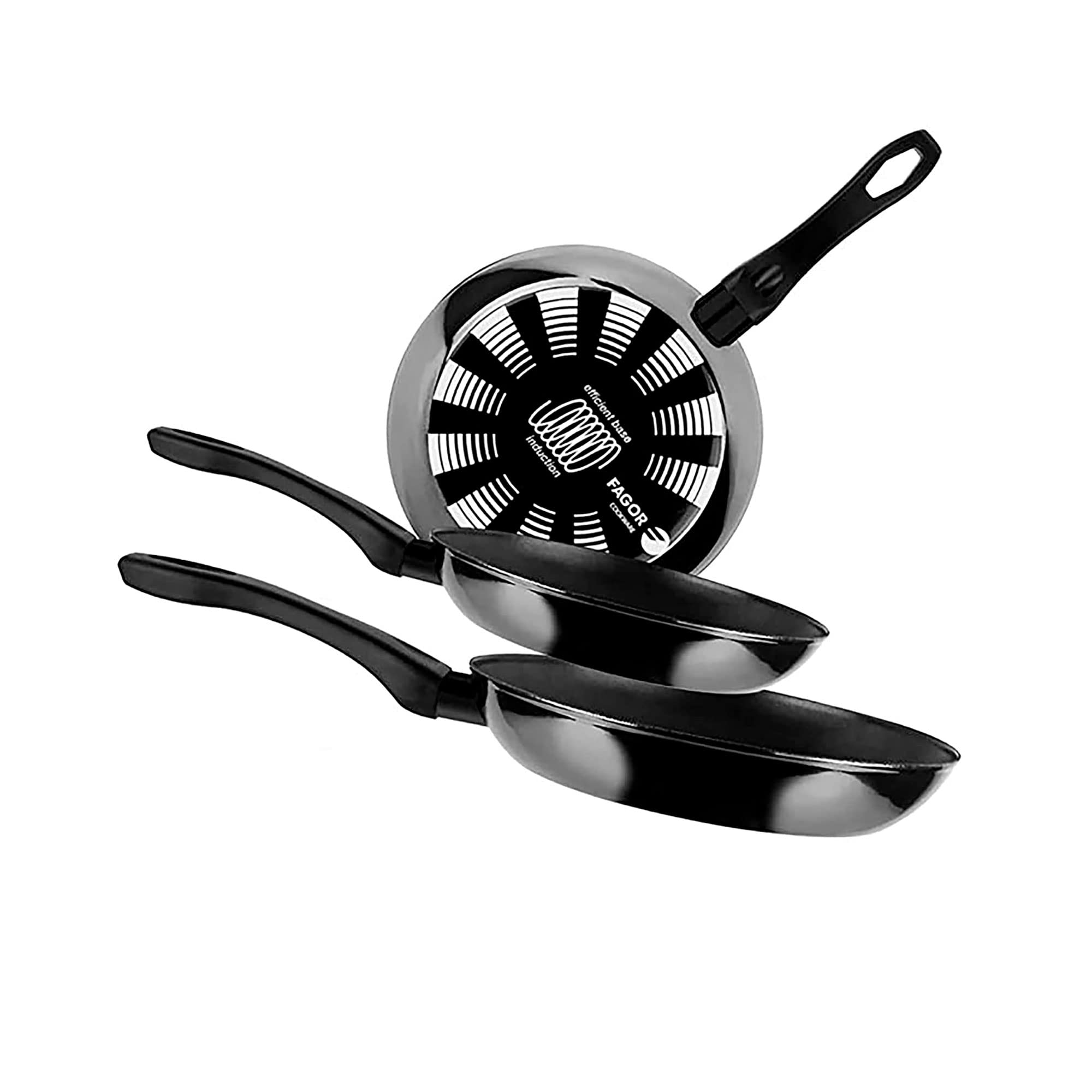 ست ماهیتابه 3 عددی القایی فاگور اسپانیا ایندوترم، استیل لعابی 20-24-28 سانتی‌متر، پوشش نچسب XYLAN PLUS سازگار با محیط زیست بدون PFOA، ضخیم، مناسب برای همه اجاق گازها، سرامیک شیشه‌ای، گازی، مشکی