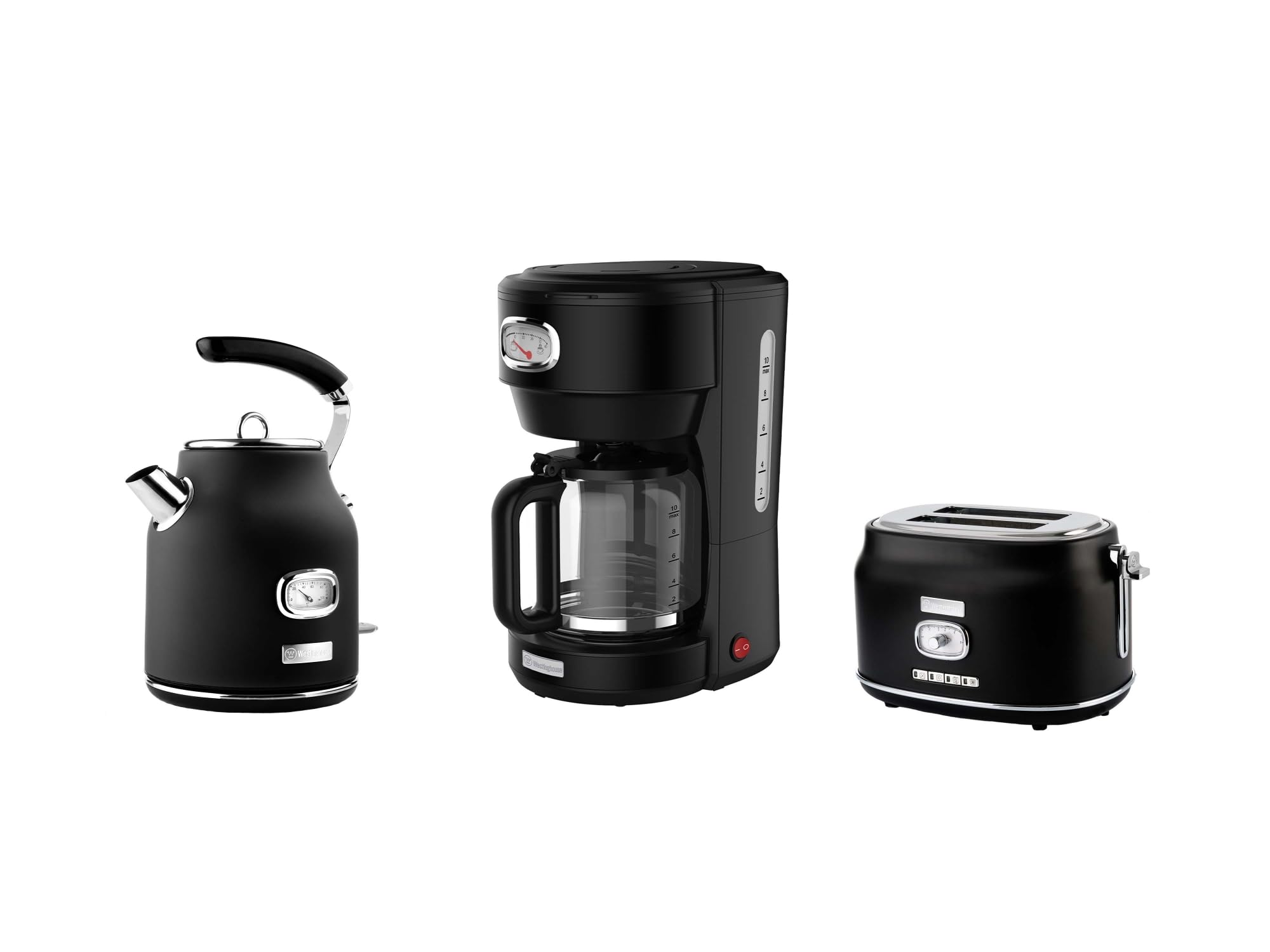 ست توستر، قهوه ساز و کتری برقی وستینگهاوس آمریکا WESTINGHOUSE WES21 صبحانه مشکی، ست صبحانه رترو، توستر 2 اسلایس با گرمکن نان، دستگاه قهوه ساز فیلتر، کتری استیل 1.7 لیتری با فیلتر رسوب آهک