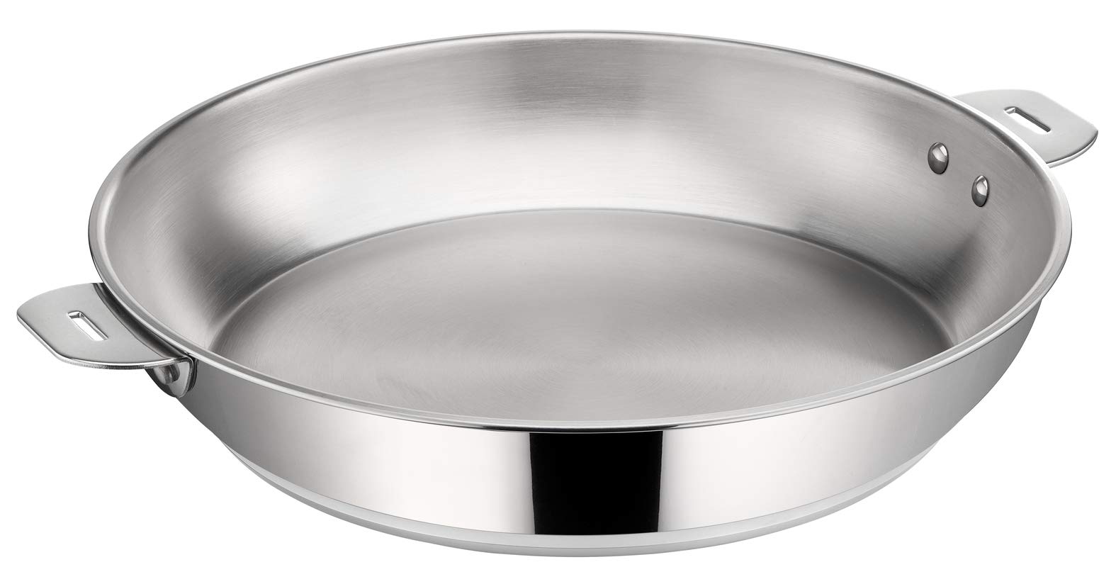 ماهیتابه لاگوستینا سالواسپازیو از جنس استیل ضد زنگ 18/10، قطر 26 سانتی‌متر، مناسب برای انواع اجاق گاز و فر تا دمای 250 درجه سانتی‌گراد، قابل چیدمان روی هم و فضای کم، کف 3 لایه لاگوترم، با دسته‌های پرچ شده