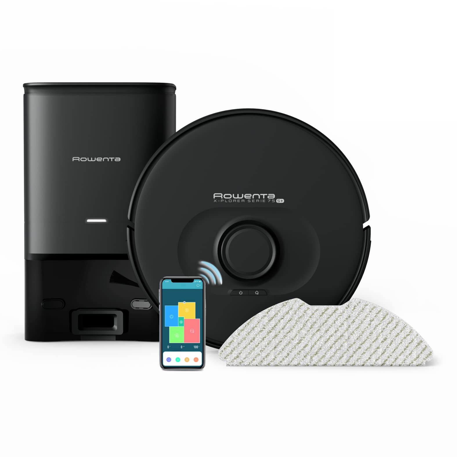 جاروبرقی رباتیک Rowenta X-Plorer سری 75+، 4 کاره با قابلیت تی کشیدن، ایستگاه جاروبرقی، سیستم ناوبری لیزری، 3 حالت تمیز کردن، 120 دقیقه زمان اجرا، 4 ساعت زمان شارژ، مخزن گرد و غبار 0.26 لیتری، مشکی، RR8585 با ایستگاه جاروبرقی مشکی