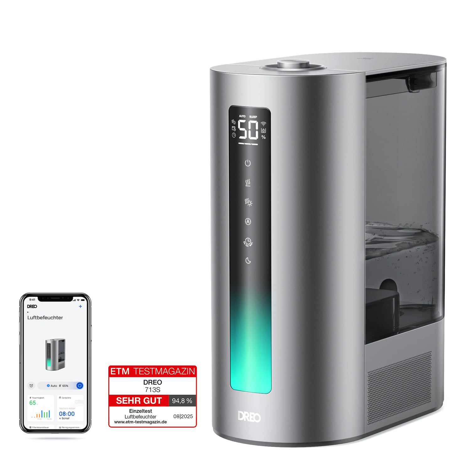 رطوبت‌ساز هوشمند Dreo 6L برای اتاق‌های بزرگ، قابلیت تولید بخار گرم و سرد برای اتاق خواب، ۶۰ ساعت کارکرد، حسگر رطوبت دقیق، پخش‌کننده عطر، و سازگار با الکسا. نقره‌ای