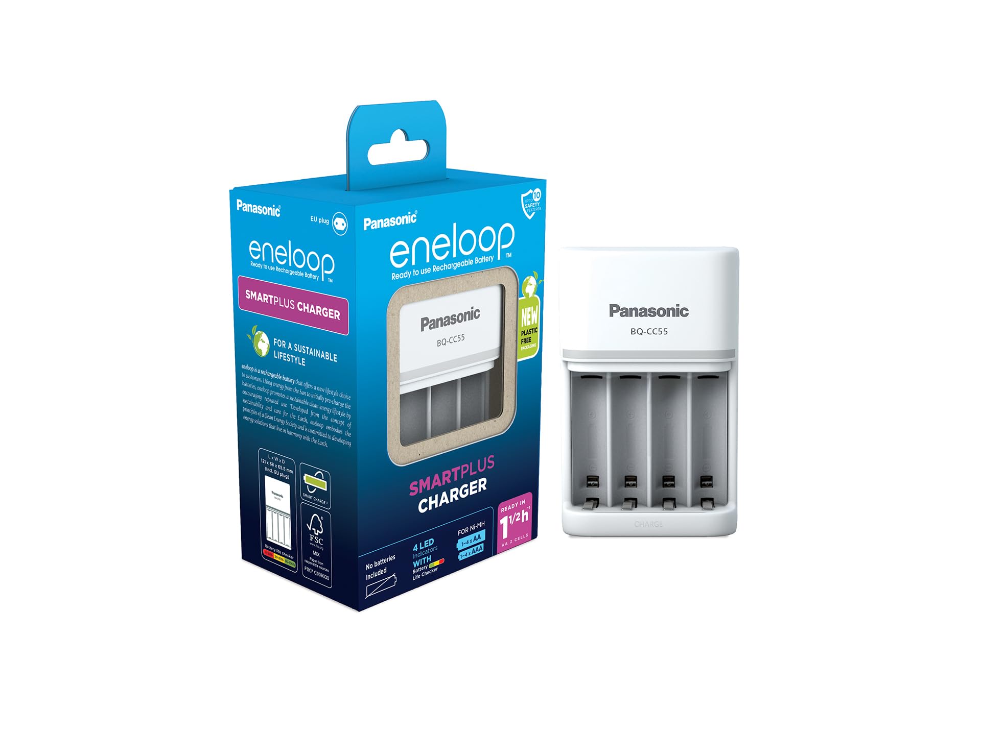 شارژر سریع هوشمند باطری های قلمی نیم قلمی eneloop SmartPlus، برای 1-4 باتری AA/AAA NI-MH، زمان شارژ 1.5 ساعت، 10 عملکرد ایمنی