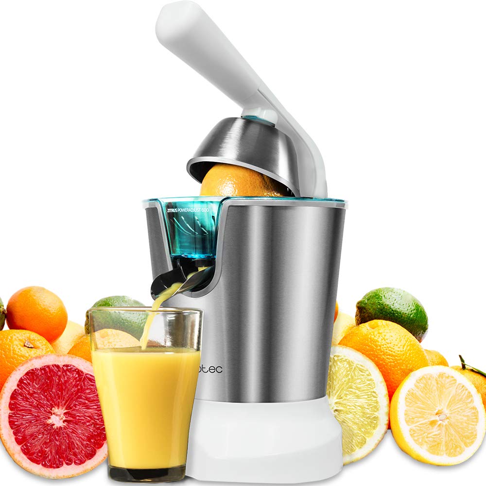 Cecotec Electric Citrus Juicer Zitrus 160 Vita - فیلتر استیل ضد زنگ و 2 مخروط قابل جابجایی، سیستم مکش مداوم و توان 160 وات (مشکی) (Power Adjust 600, White)