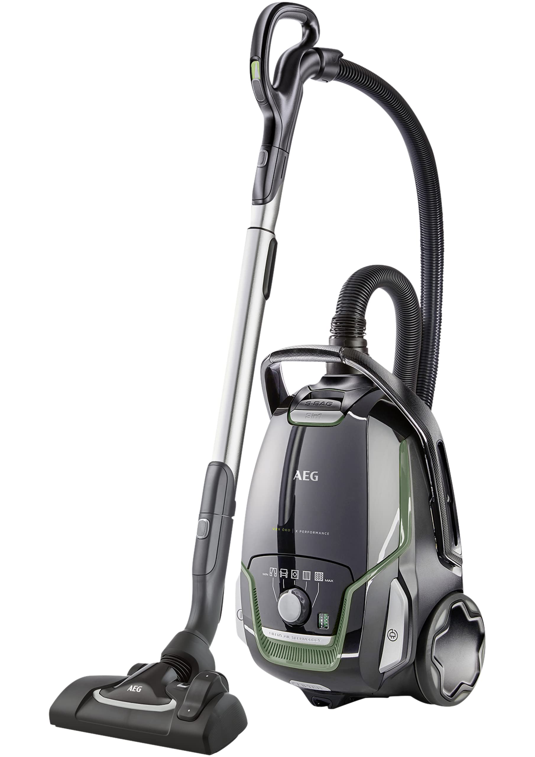 جارو برقی AEG VX9-2-ÖKO با کیسه / 70٪ مواد بازیافتی / شامل نازل های اضافی / 12 متر / 850 وات / فقط 65 دسی بل (A) / حجم کیسه گرد و غبار 5 لیتر