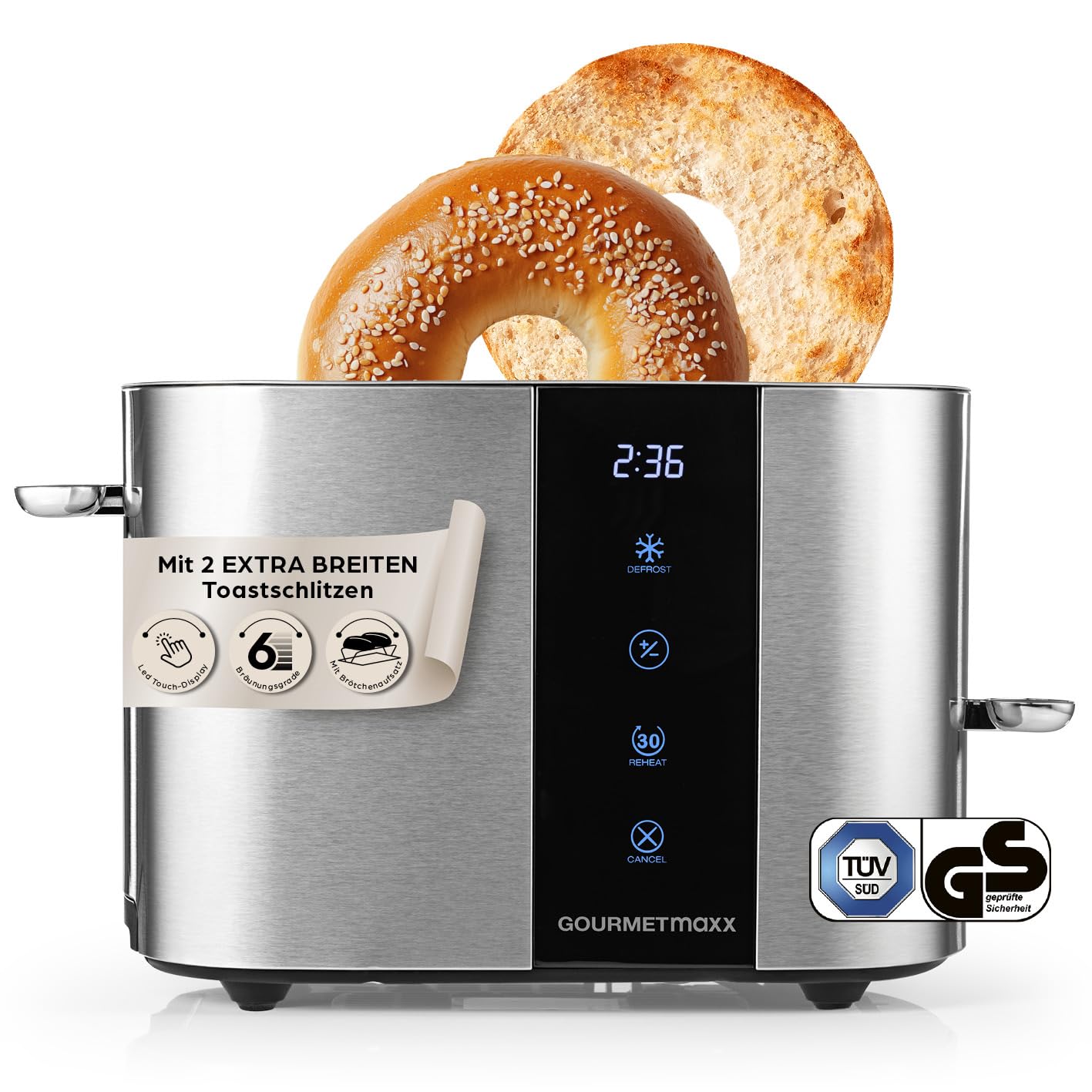 توستر دو اسلایس گورمت مکس آلمان GOURMETmaxx با 6 سطح برشته شدن و شمارش معکوس آماده بودن صفحه نمایش لمسی