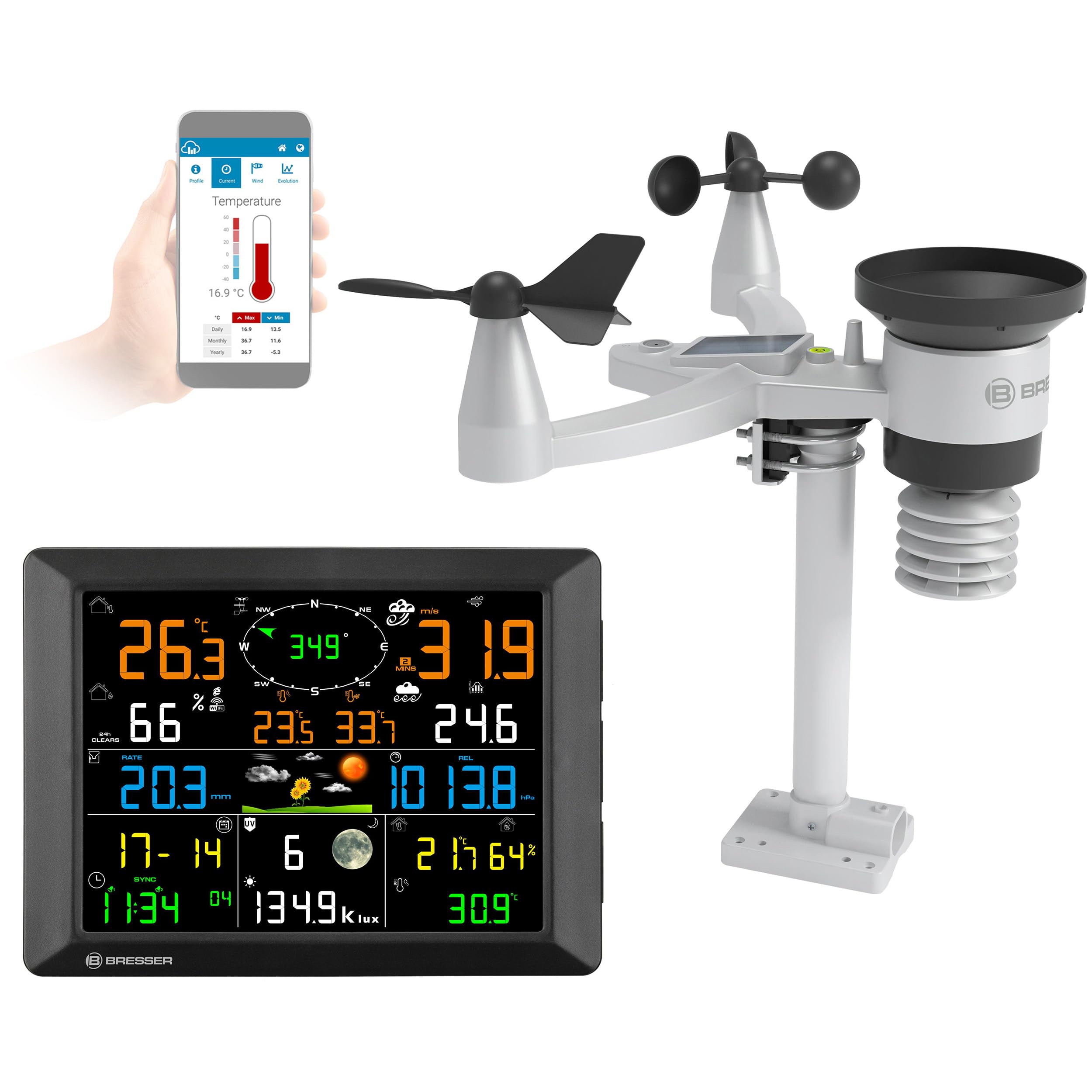 ایستگاه هواشناسی Bresser با برد ۱.۵ کیلومتر، وای‌فای، حسگر فضای باز ۷ کاره، حسگر خورشیدی، فرابنفش، باد، باران، آپلود وای‌فای، زنگ هشدار، نمایش آب و هوای داخل و خارج از منزل